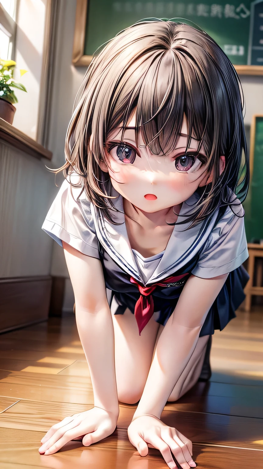 ( Very Detailed CG Unity 8k 壁紙),(  Masterpiece ), (  best quality ), ( very detailed), (Best Illustrations),( vest shadow )、 one girl who is at ease、VERY DELICATE UNDERWEAR 、Realistic underwear、Get on all fours on the floor、 Please point your butt towards the viewer、 angle、School、 sailor suit 、