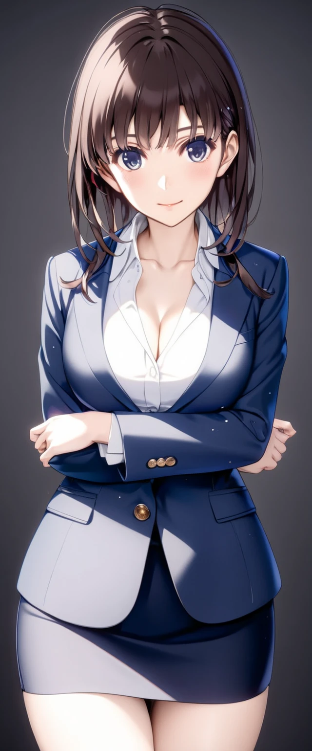 Megumi Kato,  1 girl, Alone, bangs,  brown hair, (((Female lawyer, formal suit skirt ,   Micro Mini Pencil Skirt,  white blouse,   Navy Blue Jacket,Big Breasts、 cleavage、 panchira ,))), skinny, Alone, 1 female,   Masterpiece ,   best quality ,   best quality , 16k,  unbelievably ridiculous ,  high definition, 2.5D, AI-generated, Delicate and dynamic,  Very delicate facial expression, Delicate eye depiction,  erotic, only  sexy woman, ((A cute and kind face)), Healthy body shape, ((25-year-old woman)), Height: 170cm,  medium firm swaying bust, sexy, (( Thin Thighs )),,  shiny,  Facing Viewers , smile, ((Oily_skin)), (( full body shot)), (( erotic pose)),  fashion model posing with faded gray hair,   fashion model style DJ, (close-up),