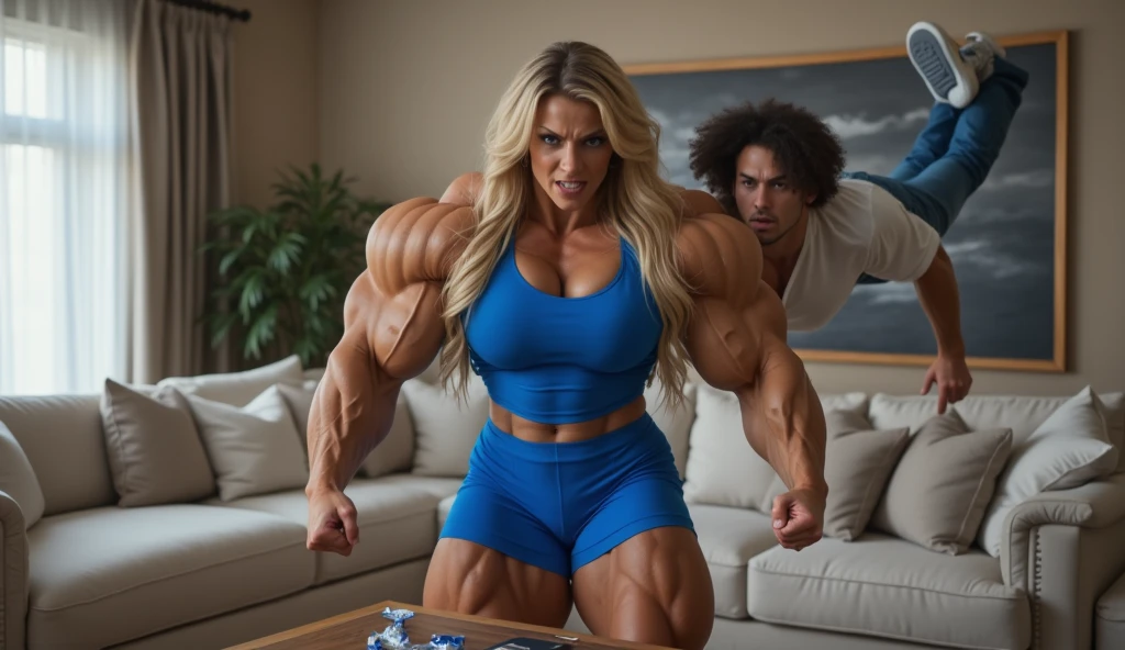 Full body photo of a 45-year-old naked muscular pregnant white woman, con tetas muy grandes ((on all fours, angry))