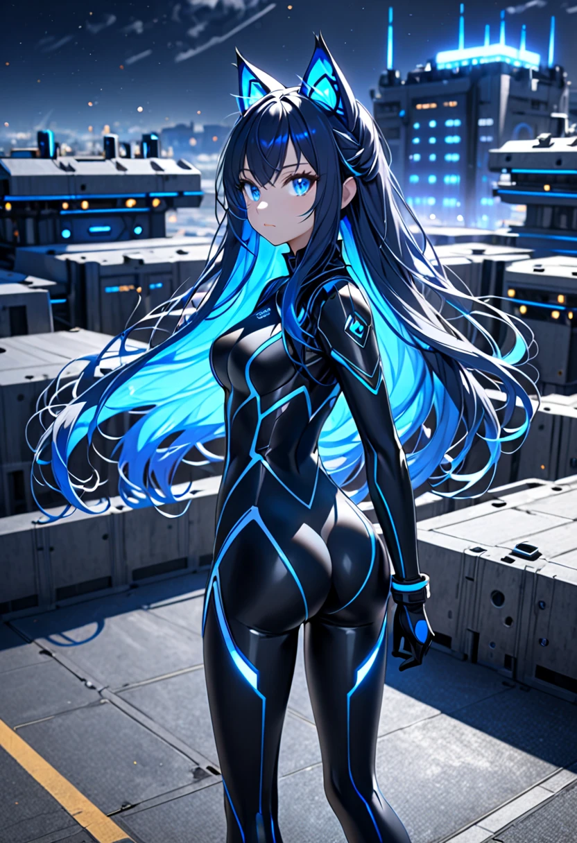 1 girl、solo、looking at the viewer、(若いcute美しい18歳の女の子:1.1)、3d face、beautiful girl、beautiful features、cute、Girlface、K-POP idol、Supermodel、Stunning innocent symmetrical face、(Hands of Guido Daniele)、perfect body、medium breasted、slim waist、slim legs、(high detail skin:1.2)、shining eyes、Skyscraper、weapons of the future、clean face、shiny hair、Proper body proportions、perfect anatomy、realistic skin texture、luscious lips、glossy lips、natural makeup、beautiful bright pupils、slender body shape、complicated eyes、detailed pupil、 detailed face and eyes、long eyelashes、blush、good hand、perfect hands、pretty face、beautiful female body、fine skin、oily shiny skin、(((((mechanical harrow、star halo、complex mechanical bodysuit、Navy blue and black bodysuit、full armor、(Colorful glow floating:1.2)、(Energy Beam:1.3)、(Highly detailed worn metal texture:1.3)、Science fiction、(dark blue hair、Navy Blue theme、Blue coloring、blue eyes:1.3)、very long hair、(A person who emits an aura from his body:1.4)、(青いsolo、lonely girl、shortcut、light on face、Because I'm slender、metal gear、cyberpunk style、(perfect body:1.4)、sparkling blue eyes、Black and navy blue bodysuit、tight fitting clothes、clothes that cover the whole body、clothes that hide skin、very delicate and beautiful、Because I'm slender、gentle smile、heroine、Knee-high boots、gloves up to the elbow、clothes that hide skin、positive、fighting pose