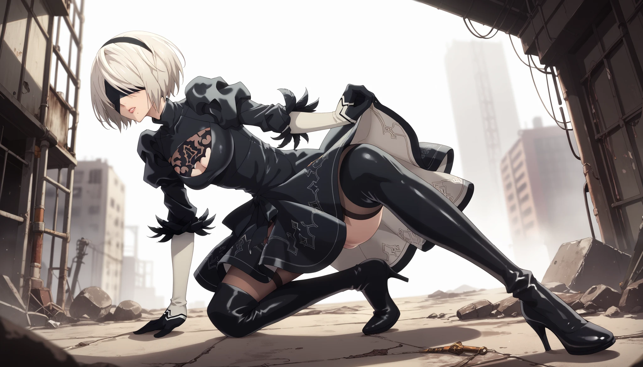 A stunning anime-style rendition of 2B (YoRHa No.2 Type B) from Nier: Automata. She is a graceful yet strong android with white hair styled in a neat bob, an elegant black blindfold covering her eyes, and a sleek black gothic-inspired battle dress adorned with intricate lace patterns. Her outfit includes thigh-high stockings and high heel boots. The background is an abandoned city, highlighting the post apocalyptic aesthetic. The artwork emphasizes the abandoned rather than 2B to create an atmosphere of desolation. Detailed anime shading, with vibrant colors and high contrast, showcasing the character's unique charm