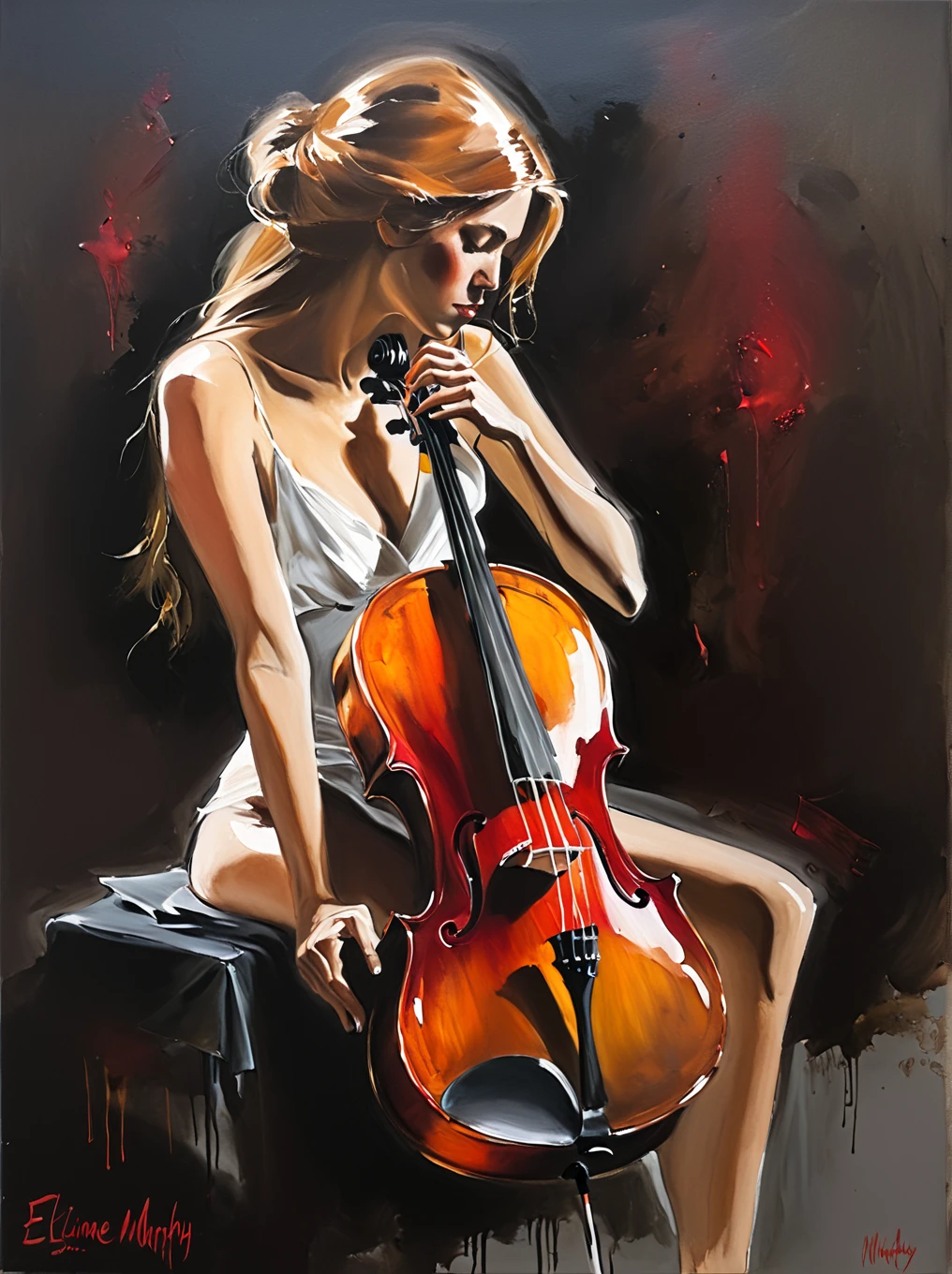 Very authentic painting by (Elaine Murphy:1.3), Fabian Perez  , A surreal painting depicting a cello seamlessly merging with the form of a woman's body.. on dark background, light leaks, The painting is done with loose brushstrokes and vibrant rich imperial colors. The overall mood of the painting is provocative, sensual and intimate, confident posture