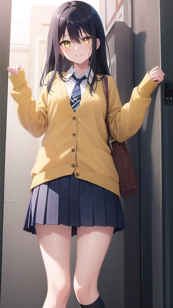 ((masterpiece)),(best quality),official art,extremely detailed CG,unity 8k wallpaper,ultra detailed,beautiful detailed eyes,extremely detailed face,1girl,solo,cowboy shot,looking at viewer,facing viewer,smile,yotsuya miko,long hair,black hair,sidelocks,hair between eyes,bangs,yellow eyes,school uniform,light yellow cardigan,long sleeves,sleeves past wrists,collared shirt,white shirt,blue necktie,miniskirt,blue skirt,pleated skirt,black socks,loafers,