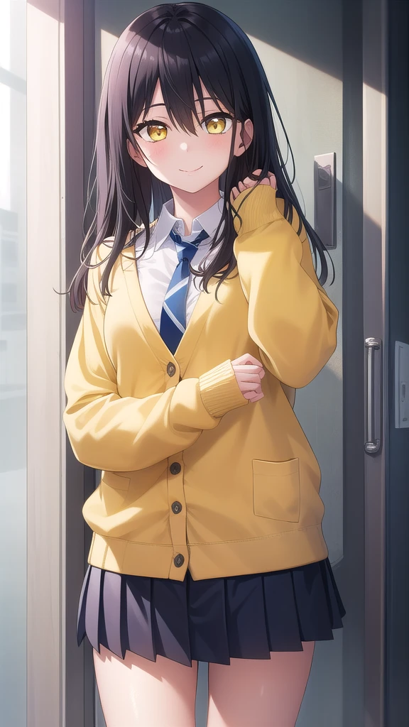 ((masterpiece)),(best quality),official art,extremely detailed CG,unity 8k wallpaper,ultra detailed,beautiful detailed eyes,extremely detailed face,1girl,solo,cowboy shot,looking at viewer,facing viewer,smile,yotsuya miko,long hair,black hair,sidelocks,hair between eyes,bangs,yellow eyes,school uniform,light yellow cardigan,long sleeves,sleeves past wrists,collared shirt,white shirt,blue necktie,miniskirt,blue skirt,pleated skirt,black socks,loafers,