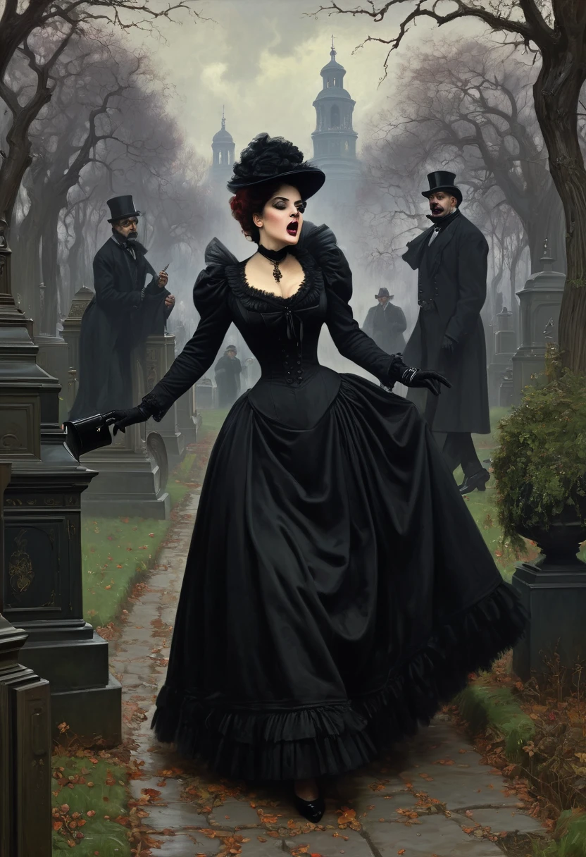 Halloween monsters, in a spooky overgrown graveyard setting