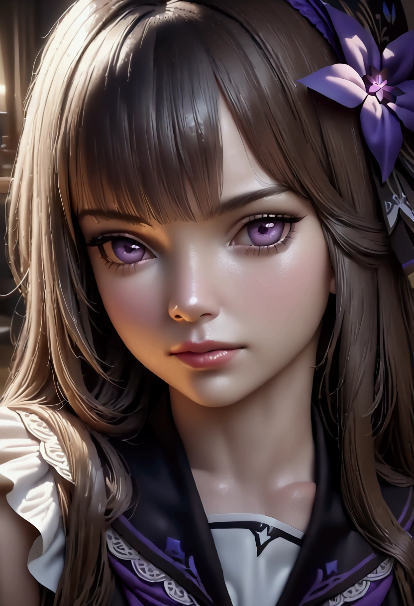 A beautiful anime girl with violet and dark blue hair, cosmic purple and dark blue eyes, delicate facial features, long eyelashes, elegant hairstyle similar to Herta, detailed portrait, highly detailed, (best quality,4k,8k,highres,masterpiece:1.2),ultra-detailed,(realistic,photorealistic,photo-realistic:1.37),vivid colors,dramatic lighting,digital painting,fantasy art,cinematic lighting