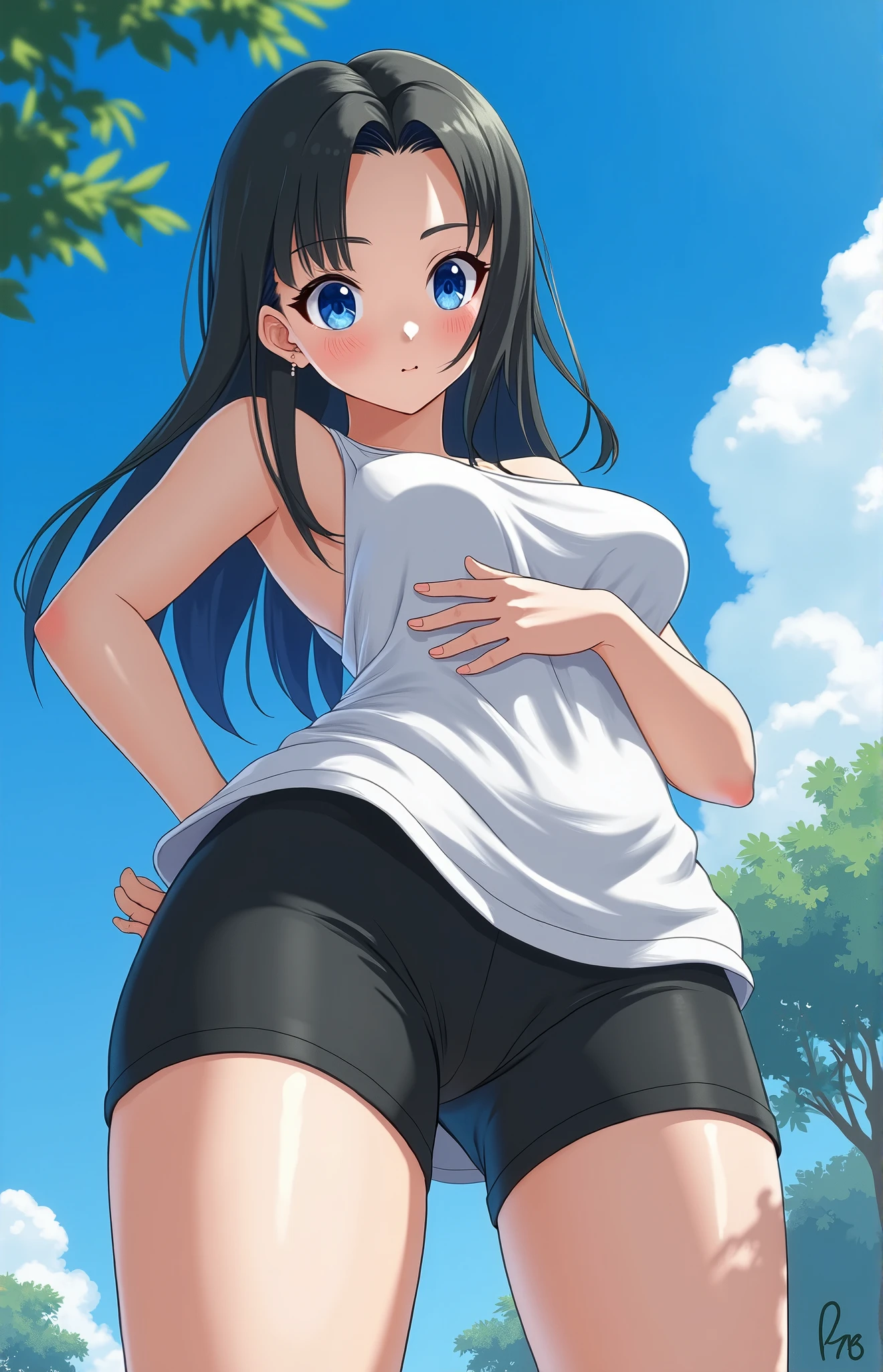 (Navy Blue Bloomers:1.3), Navy blue short-sleeved gym uniform, Large breasts, 1 girl, cute, Black hair twin tails, (Hall々Walk with:1.3), blue sky, forest, Forest road, Outdoor, Cowboy Shot, ((Highest quality)), ((masterpiece)), (detailed), Perfect Face, Perfect Arms, (Perfect hands), (Perfect Fingers), anime, Ultra-fine illustration,
