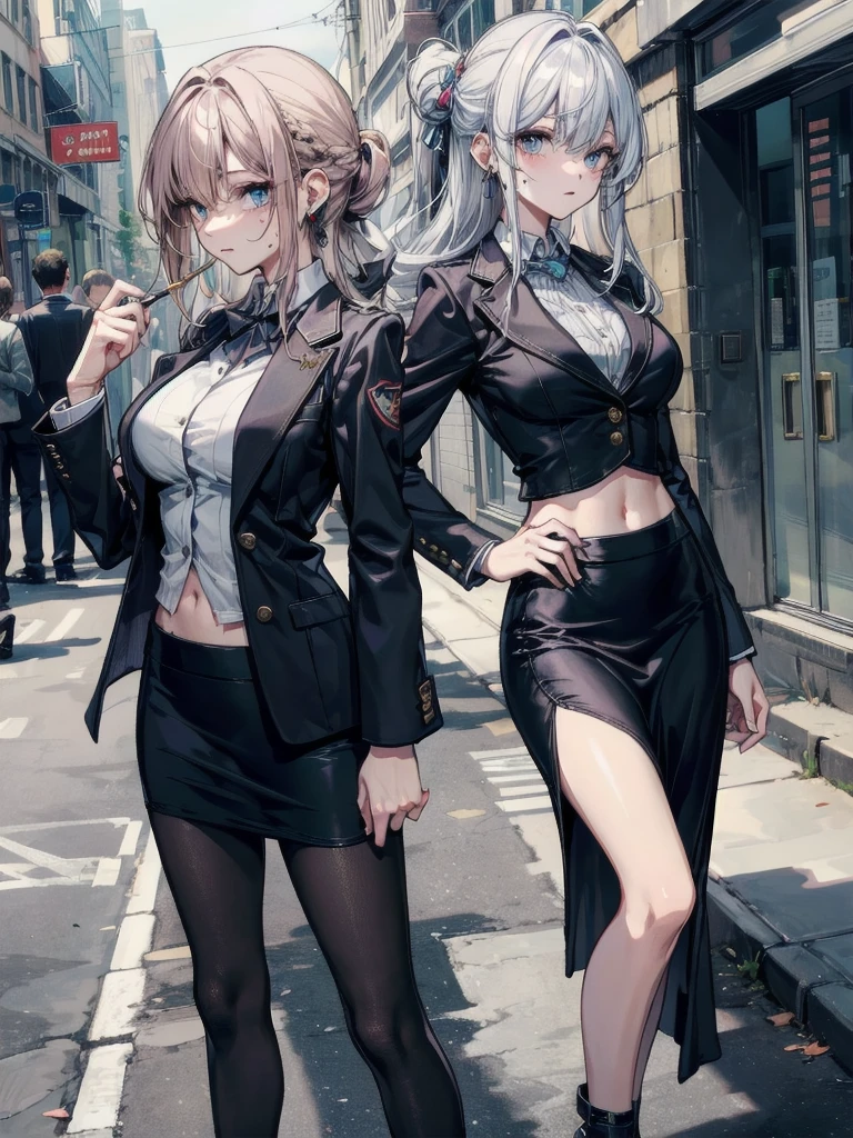 Best Quority，masterpaintings，Extremely detailled，A high resolution，4K，ultra-high-resolution，detailed shading，Perfect light and shadow，Two girls in fashionable clothes taking selfies on the street，Exquisite facial features，Colorful little braids，anime cosplaying，Anime style mixed with Fujifilm，lovly，big laughter，tear moles，A big-breasted，Sexy cleavage