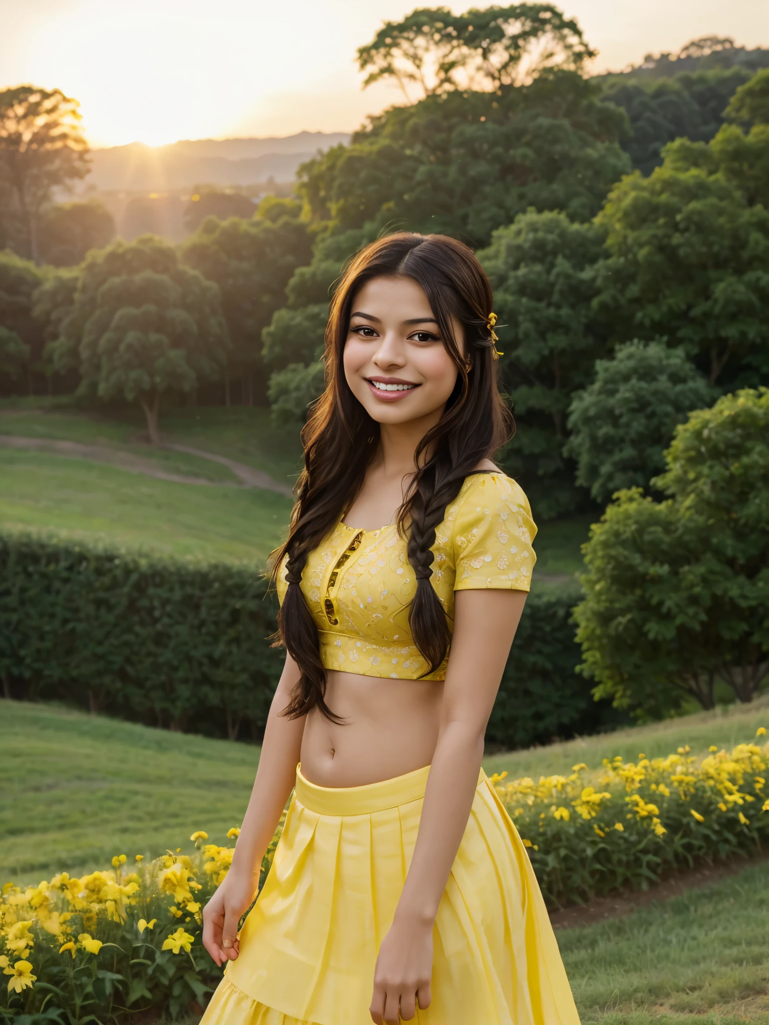 evening scenario, portrait of 20 year old extremely beautiful miranda cosgrove (exact face:5313 Shraddha Das), confidently dancing on a hills, (wearing:1.6 yellow designer blouse, yellow designer skirt), (high quality detailing:5313 beautiful gorgeous face & eyes & nose & ears & lips & curves & skin & body part), (bright smile:1.6), long braided black hair, ((round deep navel)), midriff, ornaments, view at viewer, eyes symmetry, face symmetry, (background:1.6 evening sun, evening sky, birds, slope path, green grass, colorful flowers, one big tree)