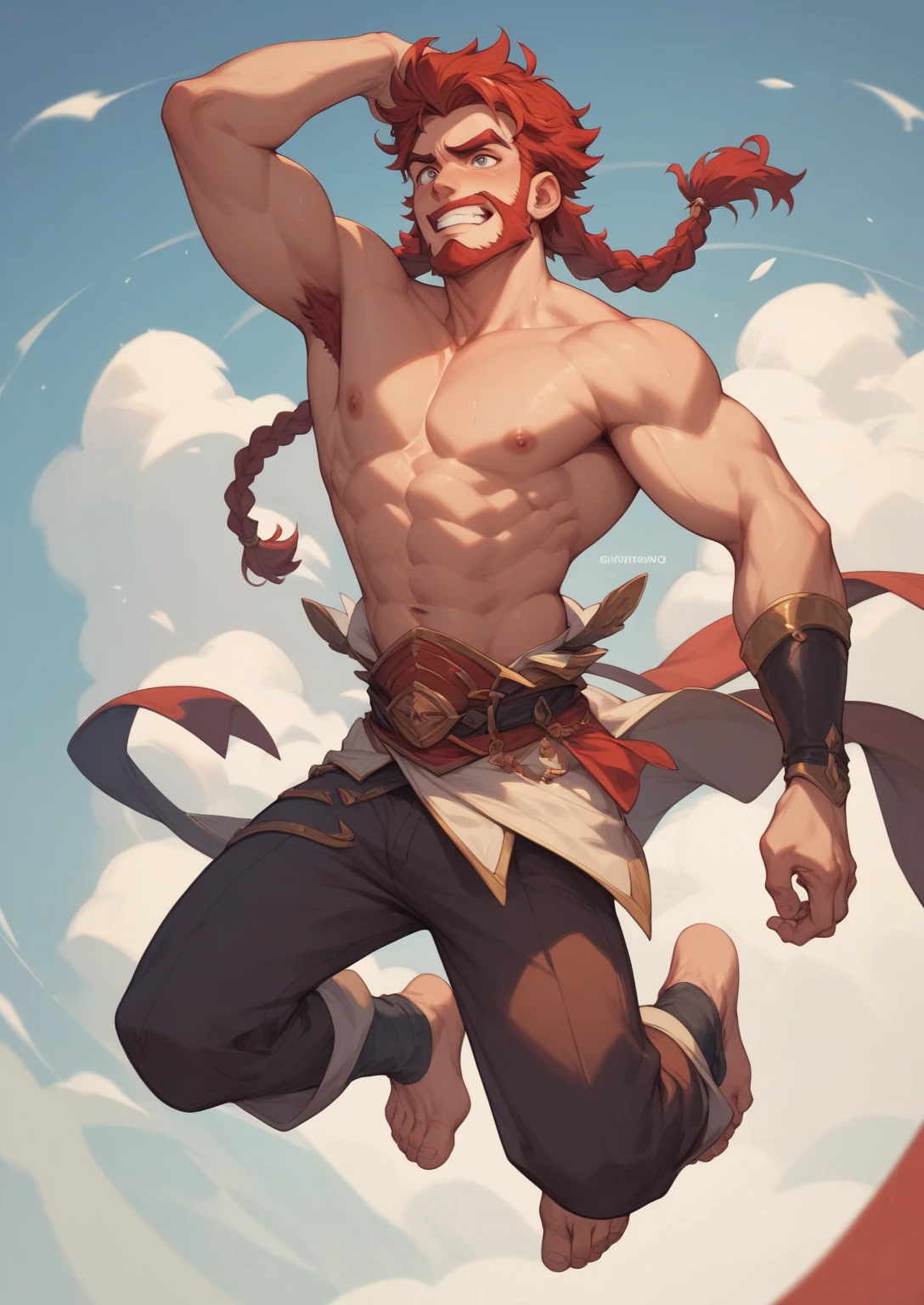 adult man. Put it on its feet.  He has a scared look .  His hair is red with braids ,  thin and thin red beard .  He is wearing a simple peasant outfit, his arms lowered .  full body .  common pose .