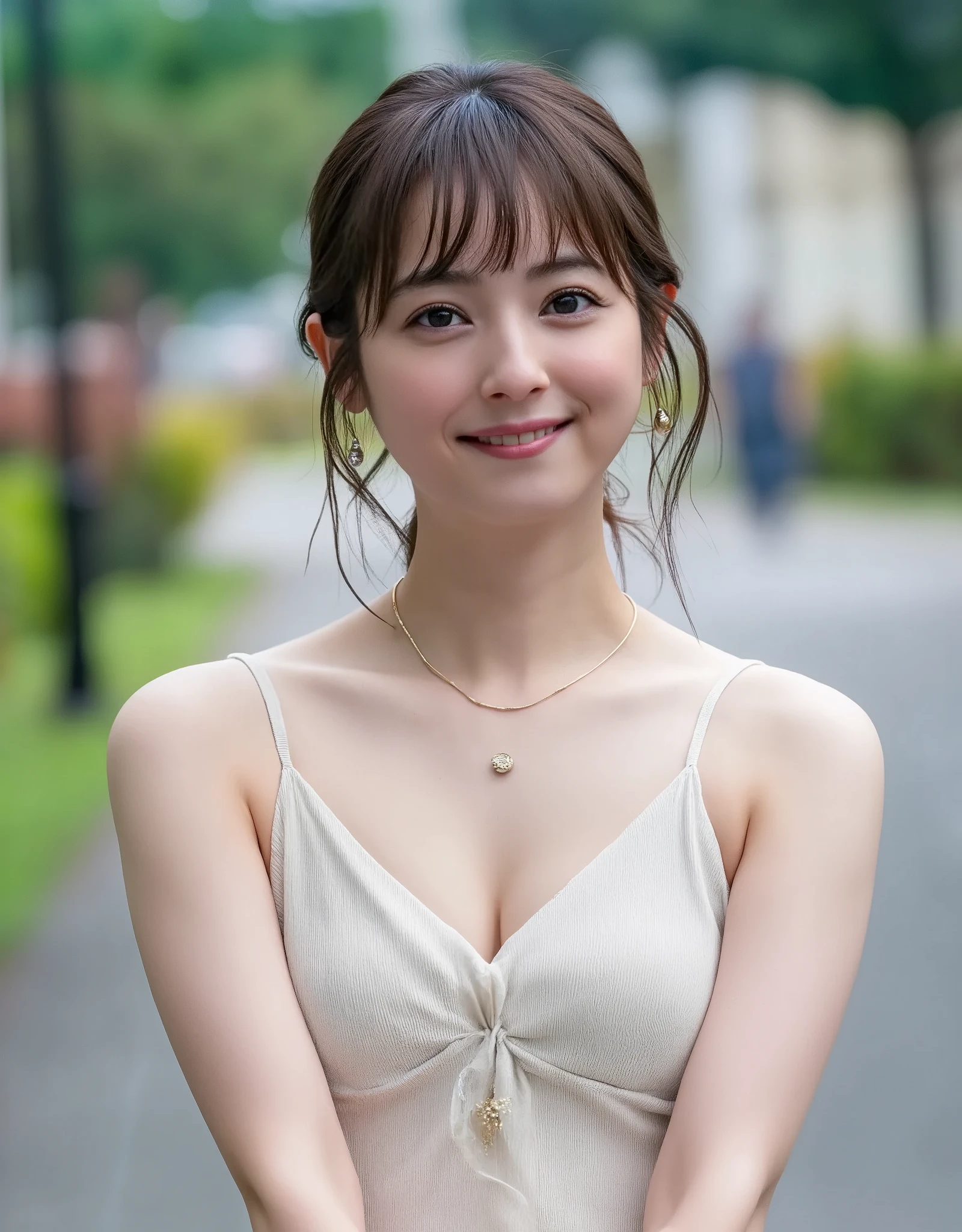 (Highest quality), (Ultra-precise CG 16K wallpaper), (Realistic: 1.6), (High saturation), (Sharp), Beautiful detailed shading, Beautiful natural lighting, Beautiful detail glow, Perfect anatomy, Perfect composition, Natural light, Depth of field, (Mature 24 year old woman, One person: 1.6), (Very beautiful Japanese face), (Sasaki Nozomi), (Short bob hair with bangs: 1.6), (Shiny black hair), (Sparkling eyes), Thin eyebrows, Captivating lips, (C cup size breasts, cleavage, slim thighs: 1.6), (Beautiful breasts), (Beautiful legs), (Beautiful skin), (Vertical concave belly button), Perfect proportions, (Smile: 1.2), (looking at me:1.6), (Cream ivory sleeveless rib knit mini dress with open neck) Wearing: 1.6), (Wearing necklace), (Standing pose: 1.6), (Background_Outdoor, tree-lined street), (Full screen image), ( Cowboy shot: 1.6), (Front view image: 1.6), A woman is standing on a tree-lined avenue,