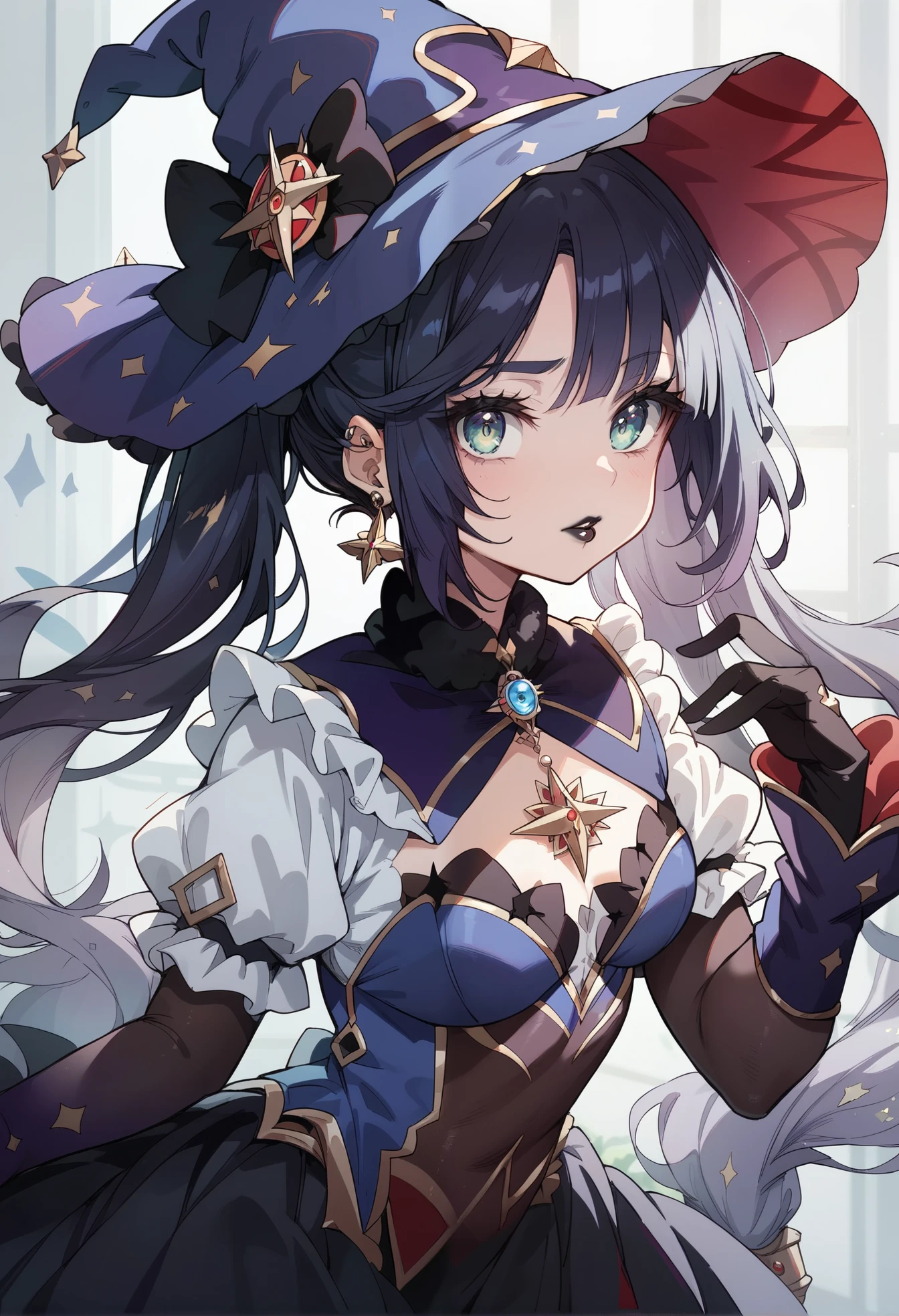 Mona, Genshin Impact, gothic ta cosplay, piercings, black lipstick, stoic, spooky mansion,