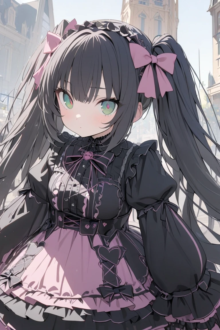 Masterpiece highest quality Unity 8k,( twin tails),  hair bow , black hair, Very Long Hair ,green eye,(jiraikei (pink gothic lolita:1.3)), lace up boots ,Outdoor, simple background