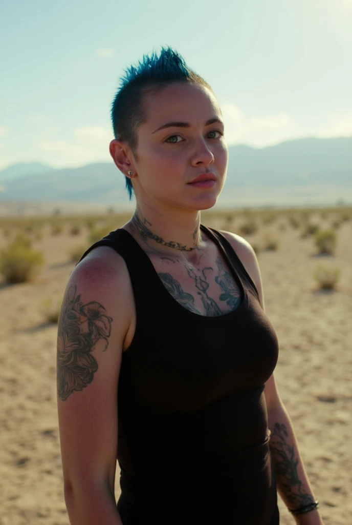 A very close up torso half body view of a skinny athletic tatooed skinny (extremely shredded skinny fit)woman standing  outdoors in the very hot sunny weather, extremly sweaty armpits, you can wet stains ion her shirt, very bright sunlight, nevada desert,IBTC, detailed skin,tattooed body,punk female  wearing a lite black sleeveless shirt, tattoo,hands tattoo,flat chest
(very pale skin,blue hair,mohawk haircut,beautiful eyes,skinny body,short haircut, 
:1.19), arms covered in lots of tattoos