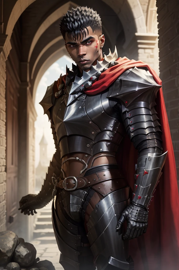 Black young man, Black hair, Guts hairstyle, Medieval black armor with red details, White sword, Scars on face, Serious face, in a castle, red cape like a medieval knight with red pupils