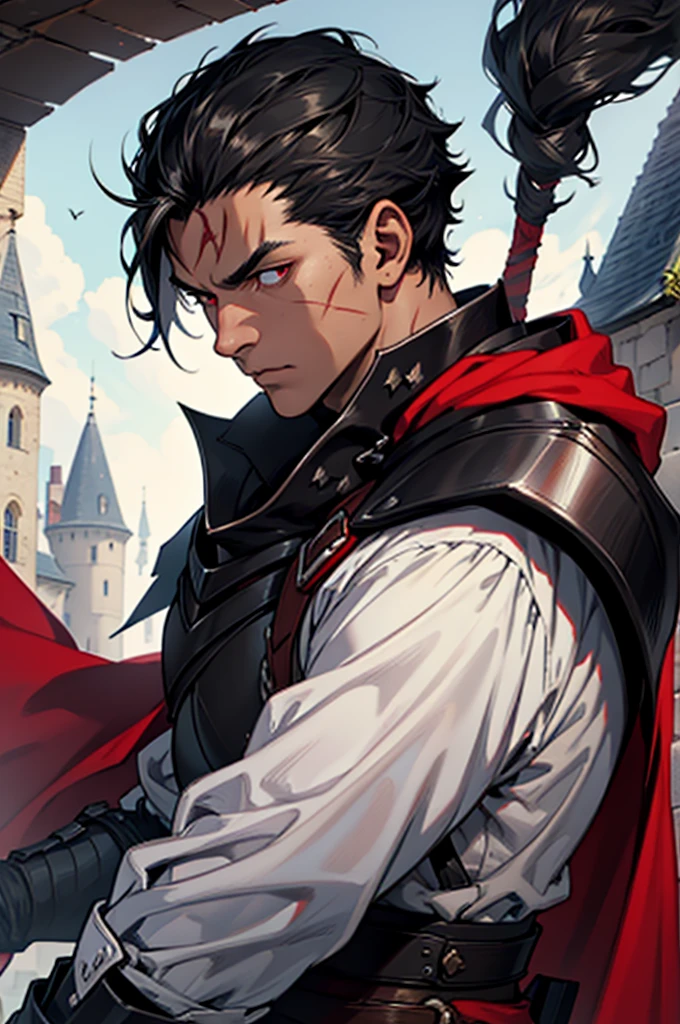 Black young man, Black hair, Goujou Satoru hairstyle, Medieval black armor with red details, White sword, Scars on face, Serious face, in a castle, red cape like a medieval knight with red pupils