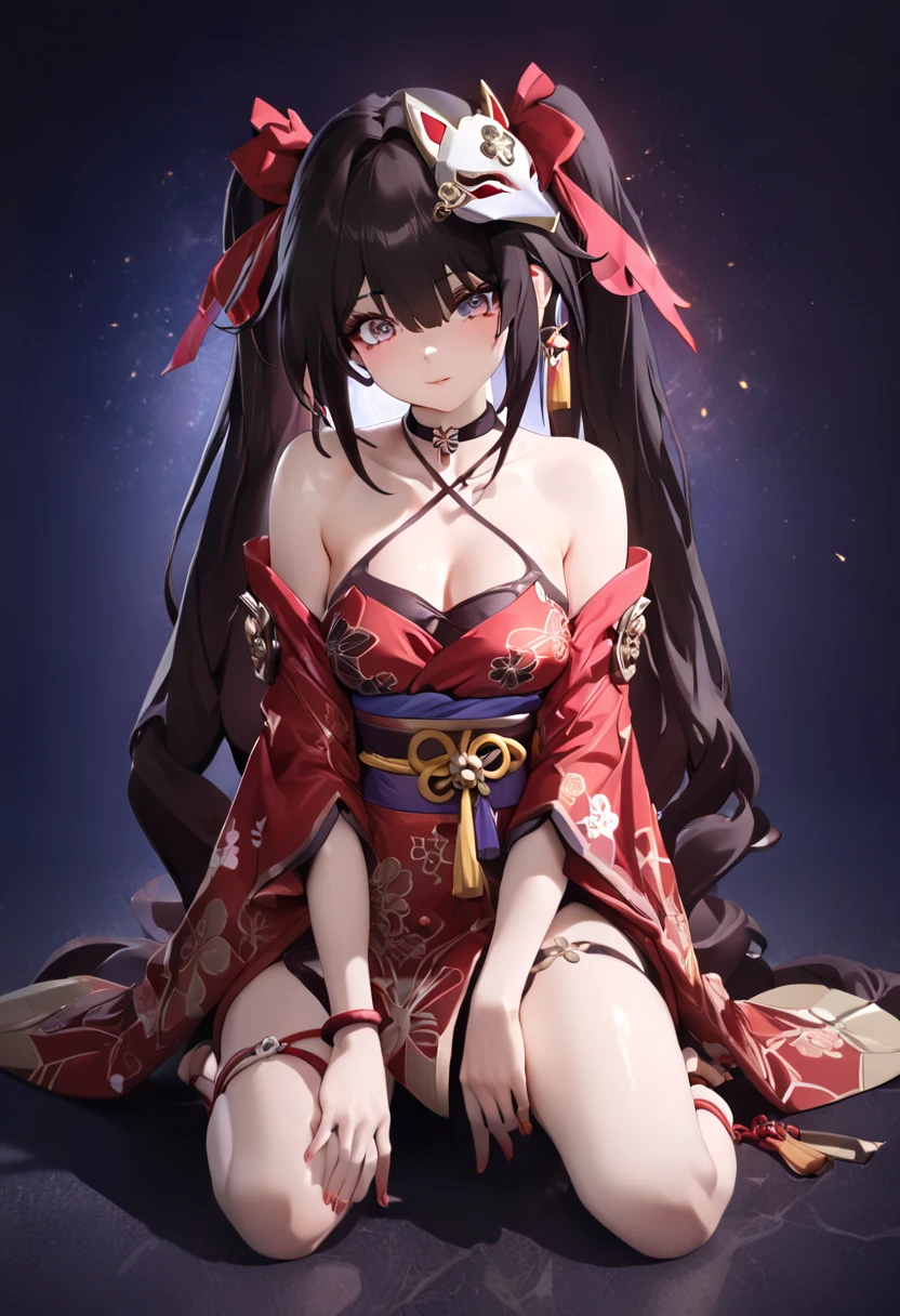 ((best quality, amazing quality, very aesthetic, highres, incredibly absurdres, retouched, smooth lines, excellent color,shiny skin )), sparkle_(honkai:_star_rail)  ,twintails, hair ornament, off shoulder kimono, mask on head, detached sleeves, choker, obi, single glove, cross-laced sandals, wristband, criss-cross halter, thigh strap
