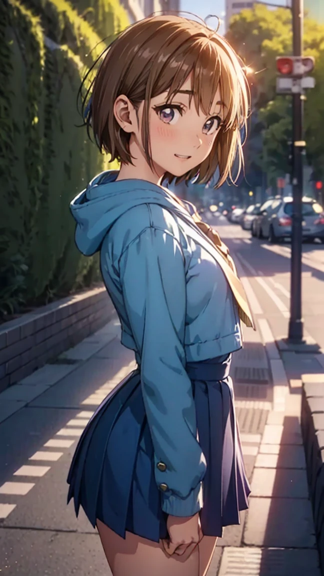 ChinatsuKano,1girl,brown hair, ,(((short hair: 1.5))),,brown eyes,purple eyes,
hoodie,school_uniform,blue jacket, pleated skirt,blue skirt,school_uniform,blue jacket, pleated skirt,blue skirt,-- looking away from viewer, solo focus, paiyama, tree, shibuya japan, 109 intersection, real world location, landscape, outdoors, building, ground vehicle, road, street, car, city, daytime Best Quality Background, High Resolution Background, Highly Detailed Background --((Side View 1.3))),((Standing in the Middle of a Square 1.3))),((Waiting for Someone 1.3))),((Blushing and Embarrassed Expression 1.3)), miniature human hand, (((medium bust 1.3))), (((thin thighs 1.3))), perfect anatomy, perfect proportions, nice lighting, bright colors, clean lines, information, blurred, stunning facial expression, restless emotions, gorgeous and cute, beautiful face and eyes with every detail, (masterpiece) beautiful face, young and handsome girl, really perfect skin, blurred, facial expression, restless emotions, gorgeous and cute, beautiful face and eyes with every detail, (Audrey Hepburn), (cute), (J-POP idol), (thighs, (depth of field), (depth of detail), soft light, sparkling lens gaze, (droopy eyes)), straight teeth, shy smile, flowing hair,(masterpiece)beautiful face,young and handsome girl,really perfect skin))),stunning facial expression,gorgeous and cute,(Audrey Hepburn),(cute),(J-POP idol),(thighs),(depth)(field),(depth of field),soft light,glittery lens gaze,(droopy eyes),straight teeth,flowing hair,scene from Blake Lively movie,ayano kimishima,ayano kimishima