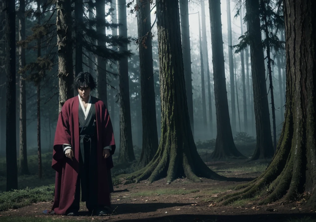 In the heart of a dense, eerie forest, Giyu Tomioka stands motionless, his katana resting in his hand, the cold air of the twilight chilling the bones. The trees around him are twisted and gnarled, their branches clawing at the sky like dark, skeletal fingers. A thick mist creeps along the forest floor, and the only sound is the occasional rustle of leaves, as if the forest itself is whispering secrets of the past. The shadows cast by the trees are long and unnerving, and the fading light from the setting sun barely penetrates the canopy above, leaving the forest in an unnatural gloom. Giyu’s sharp gaze cuts through the darkness, his expression unreadable but focused, as if he’s anticipating danger lurking just beyond the mist. The air is thick with tension—this is a place where demons could hide, and he’s prepared for anything that emerges from the depths of the ominous woods.