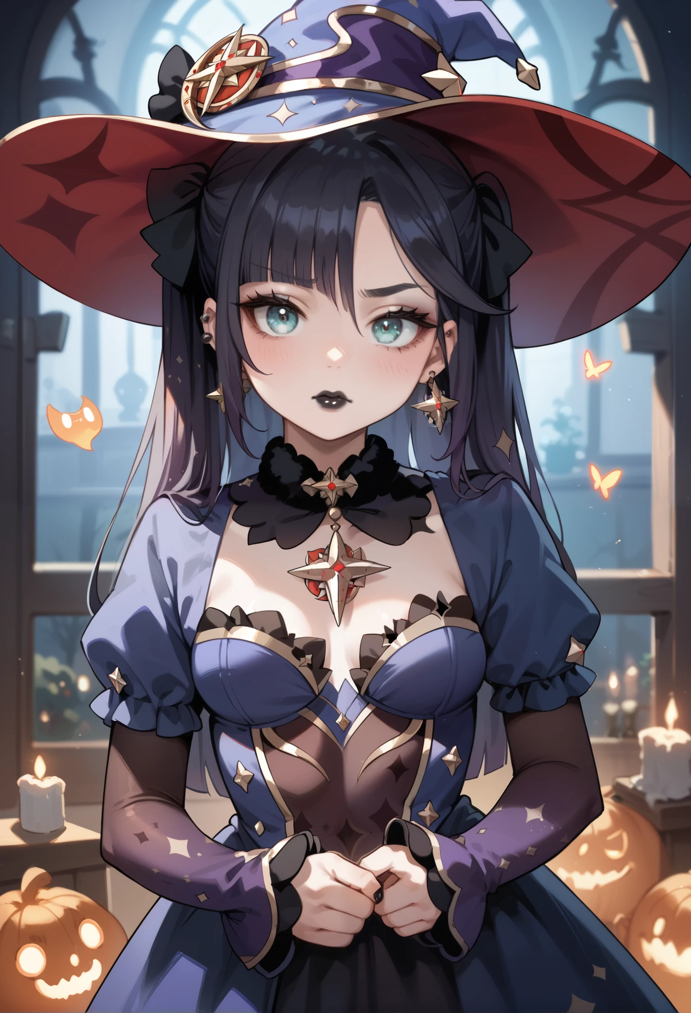 Mona, Genshin Impact, gothic ta cosplay, piercings, black lipstick, stoic, spooky mansion,