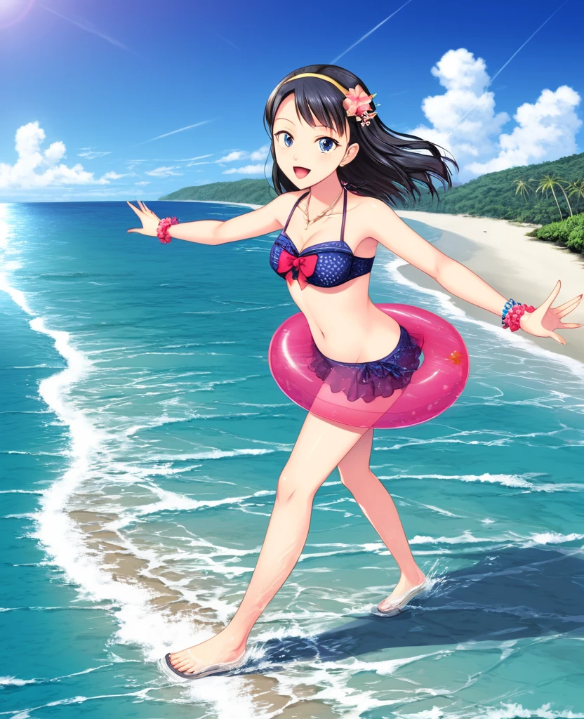 高いquality illustration, masterpiece, Very delicate and beautiful, masterpiece, Highest quality, High resolution, Very detailed, Perfect lighting、1 female、(Short side ponytail hair)、Black Hair、cute、Flat Chest、White scrunchie、Full body portrait、Ocean、Sandy Beach、Swim ring、(crowd)、(Ocean水浴客)、sun、White cloud、Pink camisole、Jean Shorts、Laughing with your mouth open、(((Unzipped shorts)))、