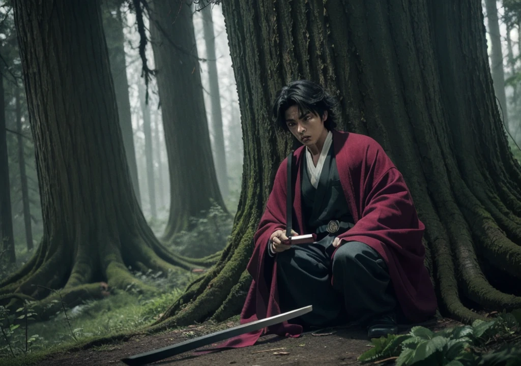 In the heart of a dense, eerie forest, Giyu Tomioka stands motionless, his katana resting in his hand, the cold air of the twilight chilling the bones. The trees around him are twisted and gnarled, their branches clawing at the sky like dark, skeletal fingers. A thick mist creeps along the forest floor, and the only sound is the occasional rustle of leaves, as if the forest itself is whispering secrets of the past. The shadows cast by the trees are long and unnerving, and the fading light from the setting sun barely penetrates the canopy above, leaving the forest in an unnatural gloom. Giyu’s sharp gaze cuts through the darkness, his expression unreadable but focused, as if he’s anticipating danger lurking just beyond the mist. The air is thick with tension—this is a place where demons could hide, and he’s prepared for anything that emerges from the depths of the ominous woods.