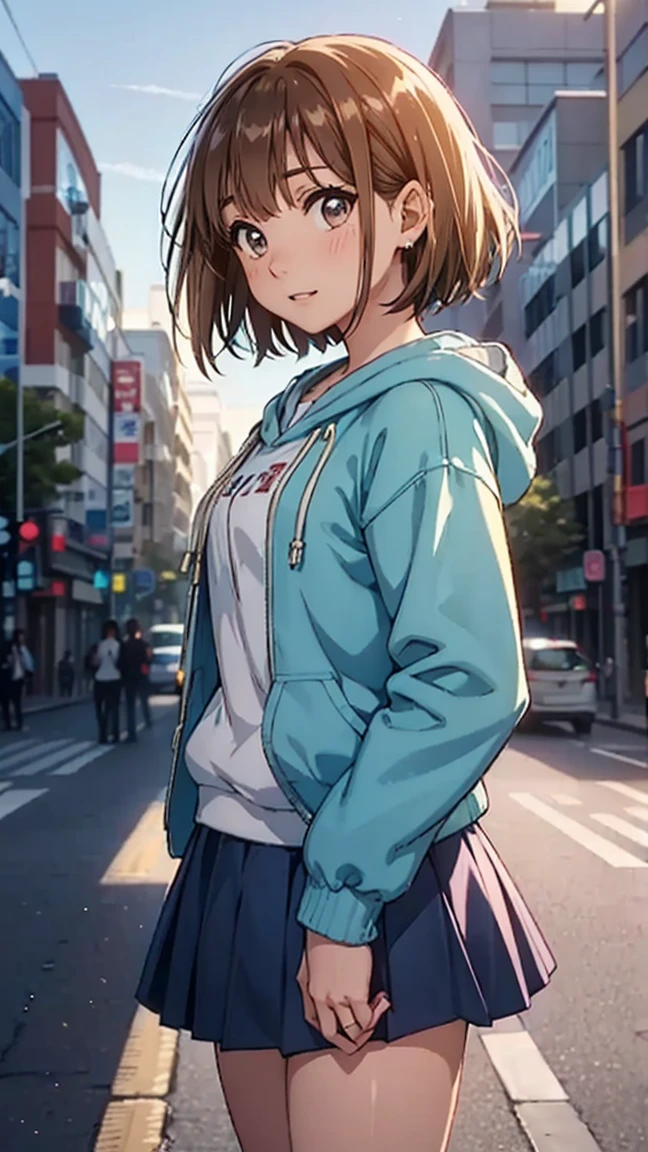 ChinatsuKano,1girl,brown hair, ,(((short hair: 1.5))),,brown eyes,purple eyes,
white color hoodie,sky blue school_uniform,sky blue  jacket, sky blue pleated skirt,blue skirt,-- looking away from viewer, solo focus, paiyama, tree, shibuya japan, 109 intersection, real world location, landscape, outdoors, building, ground vehicle, road, street, car, city, daytime Best Quality Background, High Resolution Background, Highly Detailed Background --((Side View 1.3))),((Standing in the Middle of a Square 1.3))),((Waiting for Someone 1.3))),((Blushing and Embarrassed Expression 1.3)), miniature human hand, (((medium bust 1.3))), (((thin thighs 1.3))), perfect anatomy, perfect proportions, nice lighting, bright colors, clean lines, information, blurred, stunning facial expression, restless emotions, gorgeous and cute, beautiful face and eyes with every detail, (masterpiece) beautiful face, young and handsome girl, really perfect skin, blurred, facial expression, restless emotions, gorgeous and cute, beautiful face and eyes with every detail, (Audrey Hepburn), (cute), (J-POP idol), (thighs, (depth of field), (depth of detail), soft light, sparkling lens gaze, (droopy eyes)), straight teeth, shy smile, flowing hair,(masterpiece)beautiful face,young and handsome girl,really perfect skin))),stunning facial expression,gorgeous and cute,(Audrey Hepburn),(cute),(J-POP idol),(thighs),(depth)(field),(depth of field),soft light,glittery lens gaze,(droopy eyes),straight teeth,flowing hair,scene from Blake Lively movie,ayano kimishima,ayano kimishima