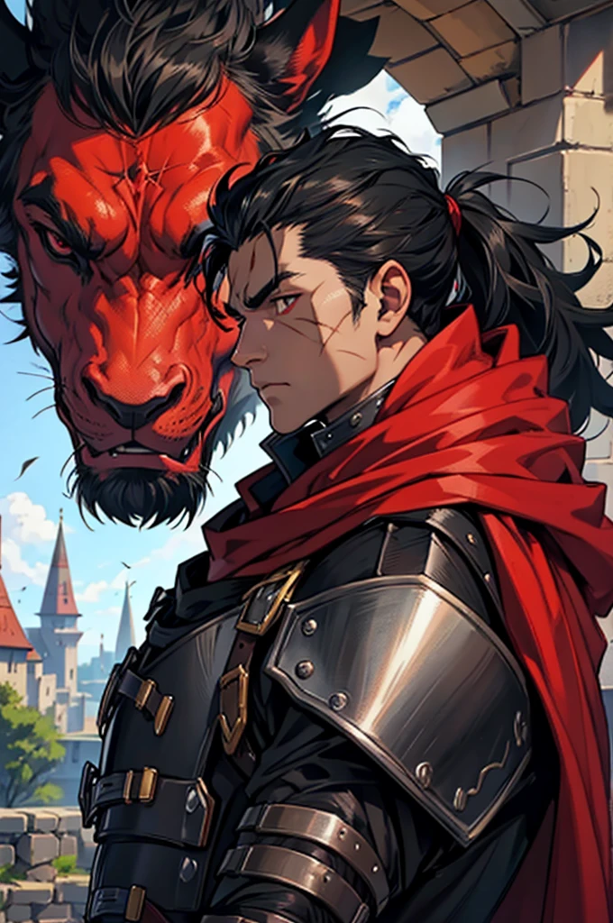 Black young man, Black hair, Goujou Satoru hairstyle, Medieval black armor with red details, White sword, Scars on face, Serious face, in a castle, red cape like a medieval knight with red pupils