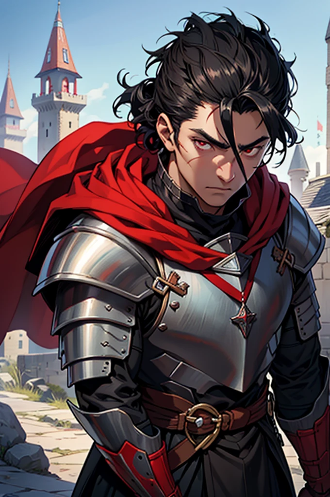 Black young man, Black hair, Goujou Satoru hairstyle, Medieval black armor with red details, White sword, Scars on face, Serious face, in a castle, red cape like a medieval knight with red pupils