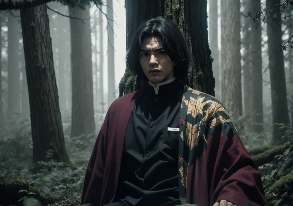 In the heart of a dense, eerie forest, Giyu Tomioka stands motionless, his katana resting in his hand, the cold air of the twilight chilling the bones. The trees around him are twisted and gnarled, their branches clawing at the sky like dark, skeletal fingers. A thick mist creeps along the forest floor, and the only sound is the occasional rustle of leaves, as if the forest itself is whispering secrets of the past. The shadows cast by the trees are long and unnerving, and the fading light from the setting sun barely penetrates the canopy above, leaving the forest in an unnatural gloom. Giyu’s sharp gaze cuts through the darkness, his expression unreadable but focused, as if he’s anticipating danger lurking just beyond the mist. The air is thick with tension—this is a place where demons could hide, and he’s prepared for anything that emerges from the depths of the ominous woods.