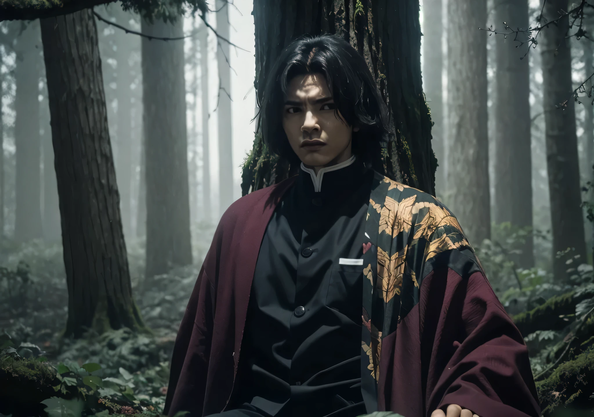 In the heart of a dense, eerie forest, Giyu Tomioka stands motionless, his katana resting in his hand, the cold air of the twilight chilling the bones. The trees around him are twisted and gnarled, their branches clawing at the sky like dark, skeletal fingers. A thick mist creeps along the forest floor, and the only sound is the occasional rustle of leaves, as if the forest itself is whispering secrets of the past. The shadows cast by the trees are long and unnerving, and the fading light from the setting sun barely penetrates the canopy above, leaving the forest in an unnatural gloom. Giyu’s sharp gaze cuts through the darkness, his expression unreadable but focused, as if he’s anticipating danger lurking just beyond the mist. The air is thick with tension—this is a place where demons could hide, and he’s prepared for anything that emerges from the depths of the ominous woods.