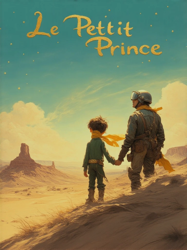 an outstanding movie poster featuring the title "Le Petit Prince" in gold hand written 3D letters, with The St-Exupery Little Pince  standing from behind, in the desert, wearing a yellow scarf floating in the wind and a gold belt in a green suit, holding the hand of an aviator from the 1940's era, also standing from behind looking at the horizon, wearing a yellow scarf in the wind, a helmet an old leather suit. Sky at dusk and stars in a fantasy sand desert