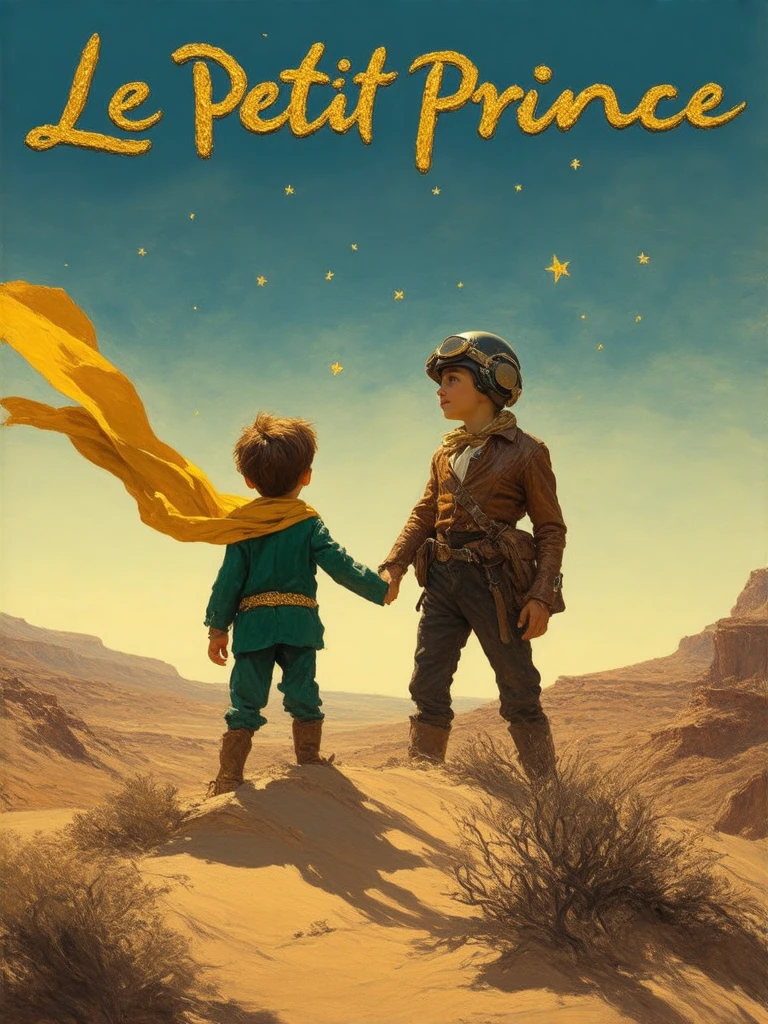 an outstanding movie poster featuring the title "Le Petit Prince" in gold hand written 3D letters, with The St-Exupery Little Pince  standing from behind, in the desert, wearing a yellow scarf floating in the wind and a gold belt in a green suit, holding the hand of an aviator from the 1940's era, also standing from behind looking at the horizon, wearing a yellow scarf in the wind, a helmet an old leather suit. Sky at dusk and stars in a fantasy sand desert