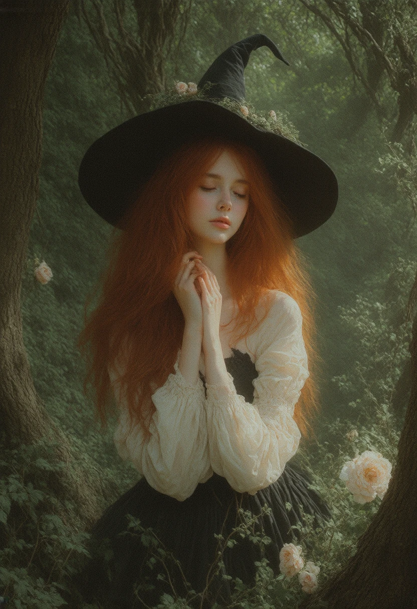 ethereal art, good hands, closed eyes, witch hat on head, ((red hair)), elegant, gloomy, cottagecore, nature, trees, flowers, happy girl, scenery Perfect Hands