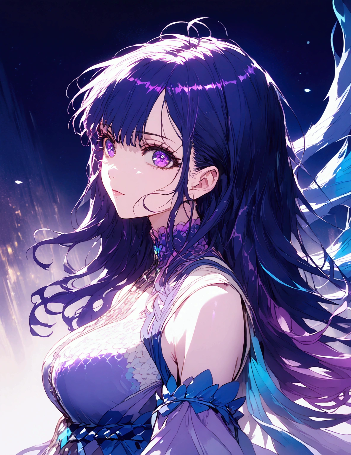 a detailed portrait of a beautiful curly-haired woman with long purple hair, tetas enormeslarge eyes with stars in them, wearing a strapless blouse and long skirt, masterpiece, best quality, 8k, hyper detailed, extremely realistic, photorealistic, ultra-detailed, cinematic lighting, vibrant colors, dramatic fantasy, volumetric lighting, intricate details, dramatic composition, chiaroscuro