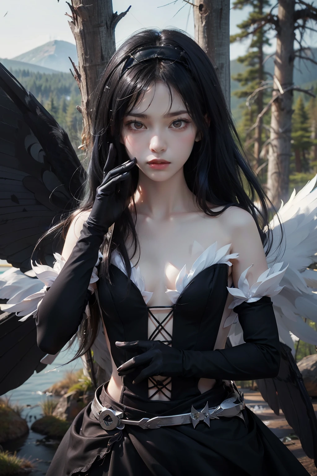 One girl, black hair band、Black Dress、Black gloves、fallen angel, black feathers, black wings, angel wings, Elbow Gloves,Small breasts,(Perfect hands),(Perfect Anatomy),(masterpiece),(highest quality), serious face, death stare,(wilderness:1.5)