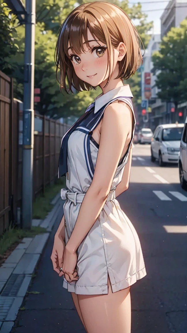 ChinatsuKano,1girl,brown hair, ,(((short hair: 1.5))),,brown eyes,purple eyes,
basketball_uniform,white shirt,sleeveless, white shorts,-- looking away from viewer, solo focus, paiyama, tree, shibuya japan, 109 intersection, real world location, landscape, outdoors, building, ground vehicle, road, street, car, city, daytime Best Quality Background, High Resolution Background, Highly Detailed Background --((Side View 1.3))),((Standing in the Middle of a Square 1.3))),((Waiting for Someone 1.3))),((Blushing and Embarrassed Expression 1.3)), miniature human hand, (((medium bust 1.3))), (((thin thighs 1.3))), perfect anatomy, perfect proportions, nice lighting, bright colors, clean lines, information, blurred, stunning facial expression, restless emotions, gorgeous and cute, beautiful face and eyes with every detail, (masterpiece) beautiful face, young and handsome girl, really perfect skin, blurred, facial expression, restless emotions, gorgeous and cute, beautiful face and eyes with every detail, (Audrey Hepburn), (cute), (J-POP idol), (thighs, (depth of field), (depth of detail), soft light, sparkling lens gaze, (droopy eyes)), straight teeth, shy smile, flowing hair,(masterpiece)beautiful face,young and handsome girl,really perfect skin))),stunning facial expression,gorgeous and cute,(Audrey Hepburn),(cute),(J-POP idol),(thighs),(depth)(field),(depth of field),soft light,glittery lens gaze,(droopy eyes),straight teeth,flowing hair,scene from Blake Lively movie,ayano kimishima,ayano kimishima