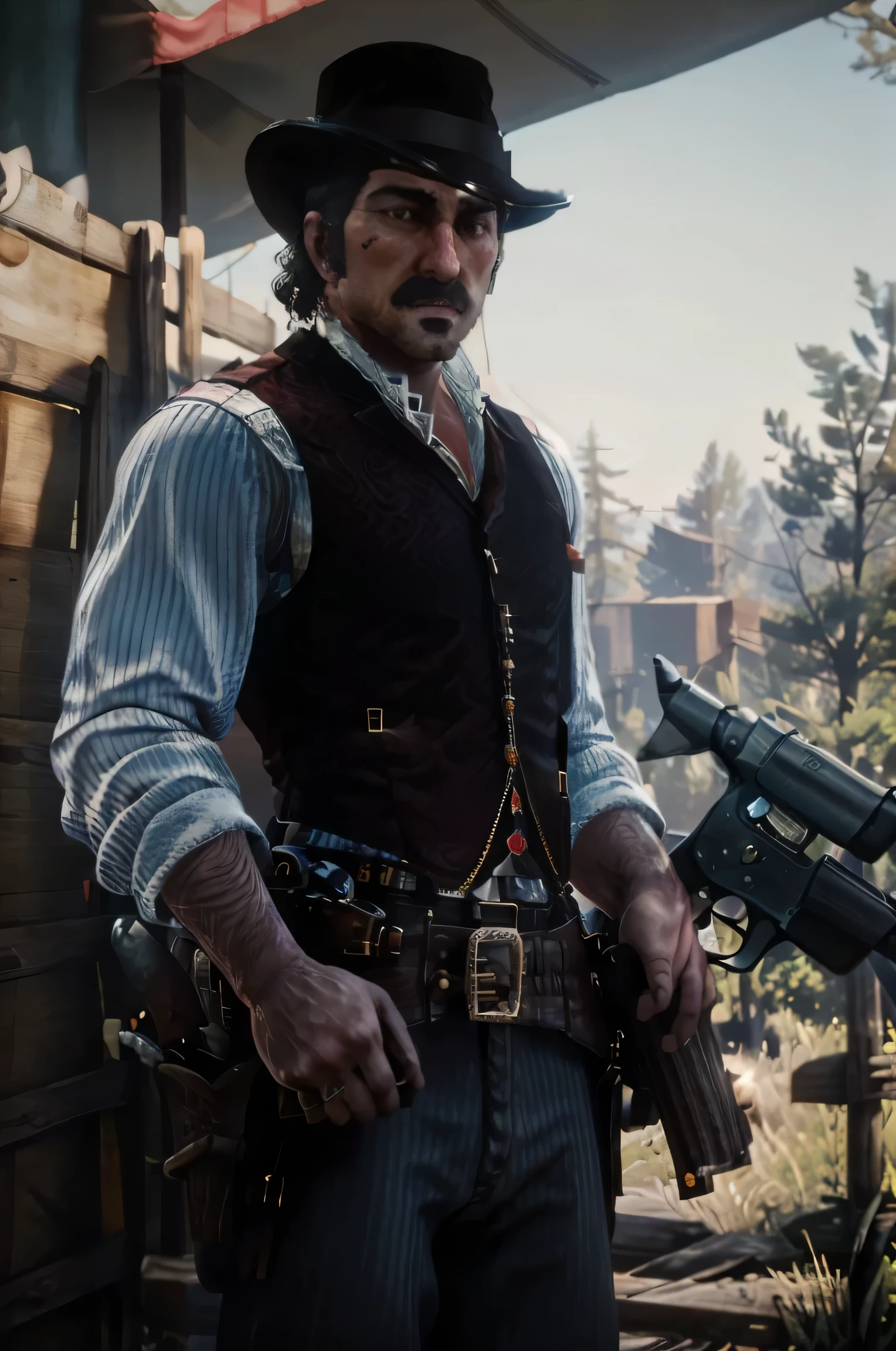 DutchRDR, solo, male focus, 1boy, facial hair, hat, vest, gun, outdoors, striped, shirt, weapon, beard, realistic, looking at viewer, striped shirt, mustache, holster, cowboy western, belt, pants, handgun, gloves, ring
