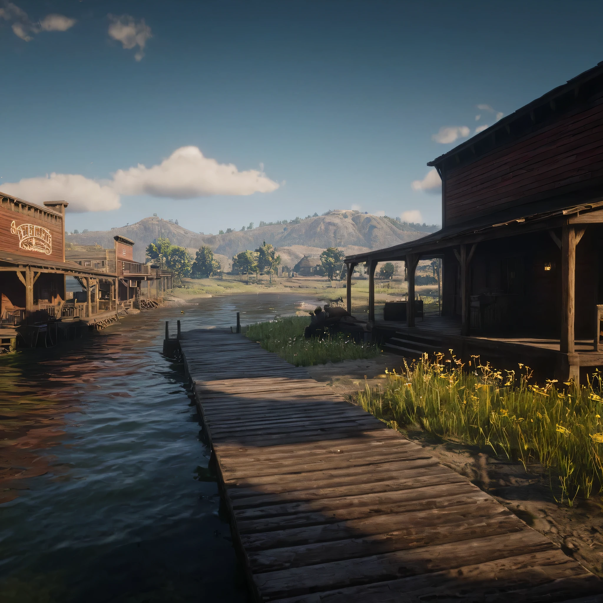 cinematic film still of cinematic no people,  really pretty view of somewhere on a dock   Sunset in red dead redemption game  with shops in background  ,pathway ,wildflowers , outdoors,sky,cloud,tree,grass,ground,wildflowers, epic, Western, adventures, outlaw, Red Dead, Western United States, wild west,  Open world, 1900's, realistic, cinematic, film look, dramatic light, partially covered in shadows, gang, Western-themed action-adventure, Red Dead Redemption style, shallow depth of field, vignette, highly detailed, high budget, bokeh, cinemascope, moody, epic, gorgeous, film grain, grainy