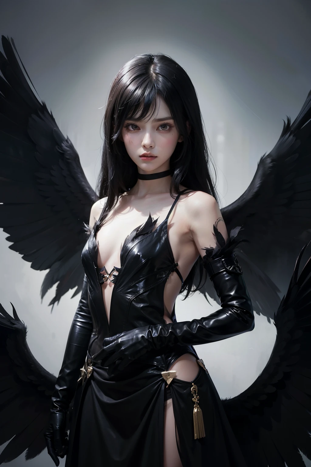 One girl, black hair band、Black Dress、Black gloves、fallen angel, black feathers, black wings, angel wings, Elbow Gloves,Small breasts, flat chest, long black hair,(Perfect hands),(Perfect Anatomy),(masterpiece),(highest quality), serious face, death stare.