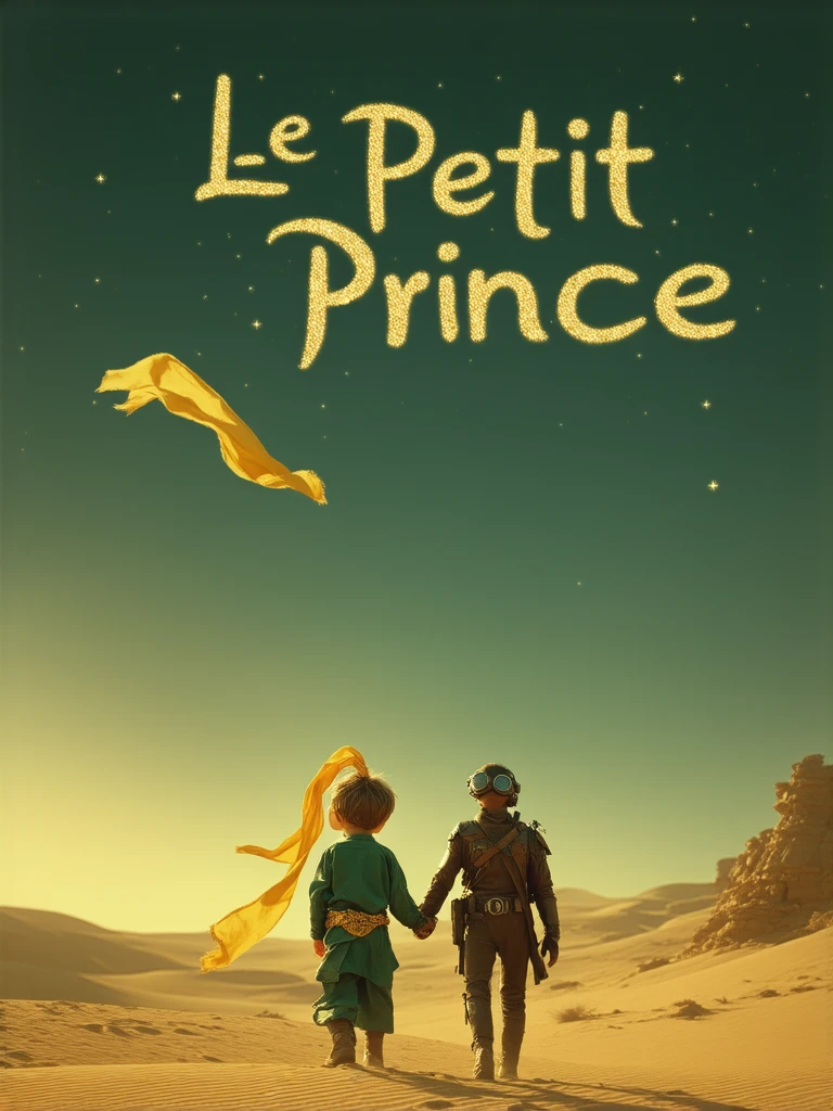 an outstanding movie poster featuring the title "Le Petit Prince" in shining textured gold hand written 3D letters, with The St-Exupery Little Pince  standing from behind, in the desert, wearing a yellow scarf floating in the wind and a gold belt in a green suit, holding the hand of an aviator from the 1940's era, also standing from behind looking at the horizon, wearing a yellow scarf in the wind, a helmet and goggles and an old leather suit. Sky at dusk and stars in a fantasy sand desert