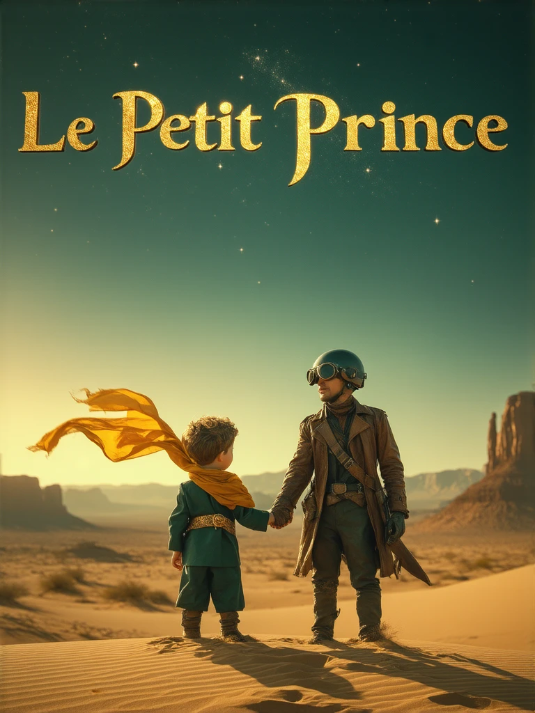 an outstanding movie poster featuring the title "Le Petit Prince" in shining textured gold hand written 3D letters, with The St-Exupery Little Pince  standing from behind, in the desert, wearing a yellow scarf floating in the wind and a gold belt in a green suit, holding the hand of an aviator from the 1940's era, also standing from behind looking at the horizon, wearing a yellow scarf in the wind, a helmet and goggles and an old leather suit. Sky at dusk and stars in a fantasy sand desert