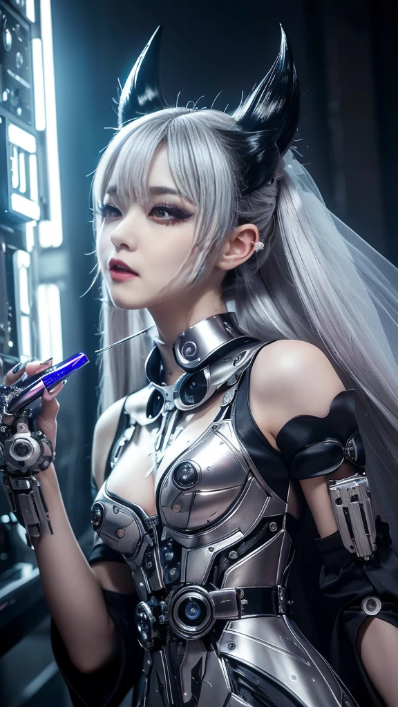 1 mechanical girl、((Detalhes super realistas))、portlate、globaliluminação、Sombra、octan render、8k、ultrasharp、Corpo Ciborgue Steampunk、Corpo de porcelana branca、hydraulic cylinder、Detalhes de ornamentos complexos、Sumerian details、Detalhes altamente intrincados、luz realista、CGSoation Trends、um olho roxo、Olhos Radiante、Facing the camera、Neon details、Seios colossais、The cleavage is visible、mechanical limbs、Blood Vessels Attached to Tubes、mechanical vertebrae attached to the back、mechanical cervical attaching to neck、sentado em、wires and cables connecting to the head、The background is a steampunk space、 esconder、