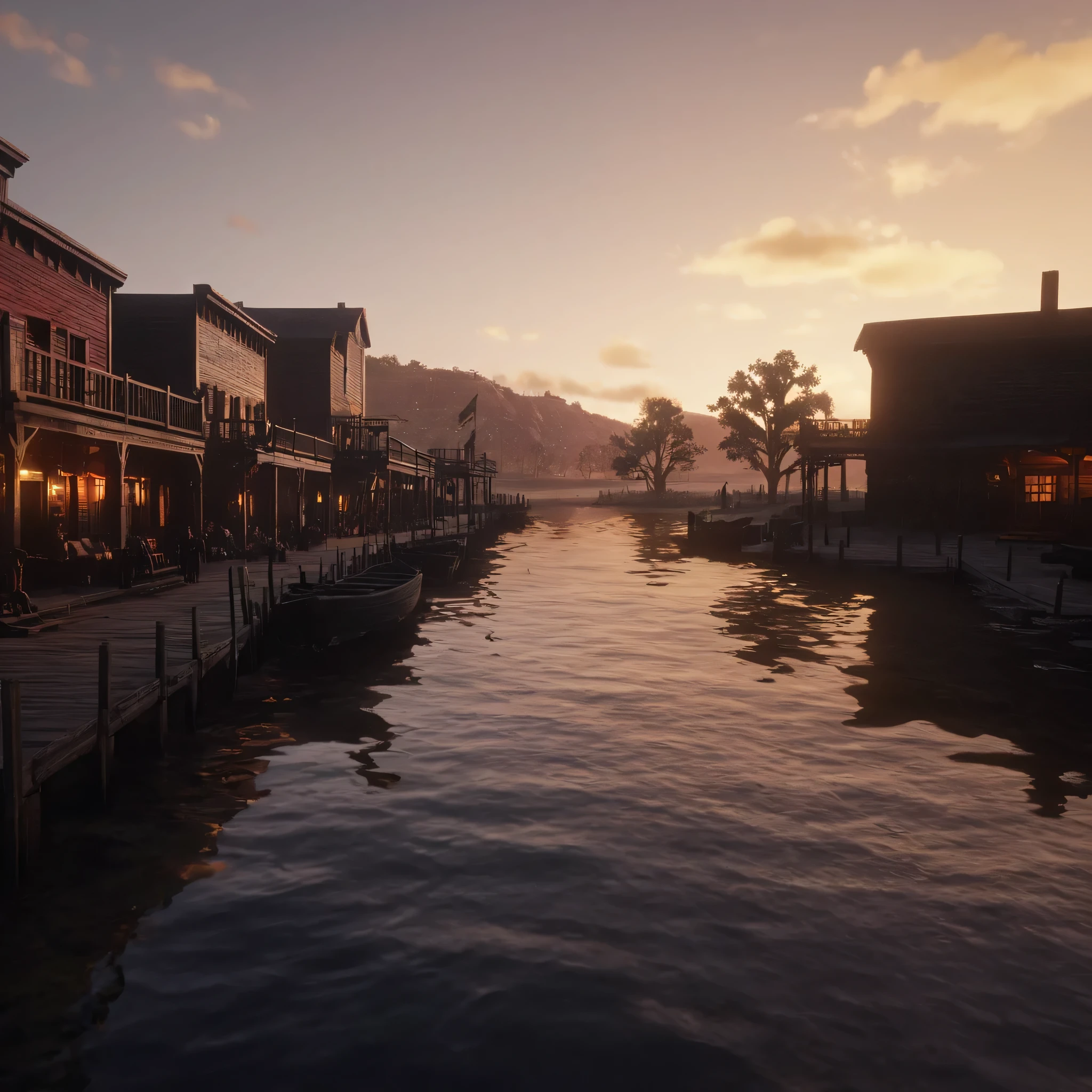 cinematic film still of cinematic no people,  really pretty view of somewhere on a dock  with water and boats and have a big   Sunset in red dead redemption game  with shops in background  ,pathway ,wildflowers , outdoors,sky,cloud,tree,grass,ground,wildflowers, epic, Western, adventures, outlaw, Red Dead, Western United States, wild west,  Open world, 1900's, realistic, cinematic, film look, dramatic light, partially covered in shadows, gang, Western-themed action-adventure, Red Dead Redemption style, shallow depth of field, vignette, highly detailed, high budget, bokeh, cinemascope, moody, epic, gorgeous, film grain, grainy