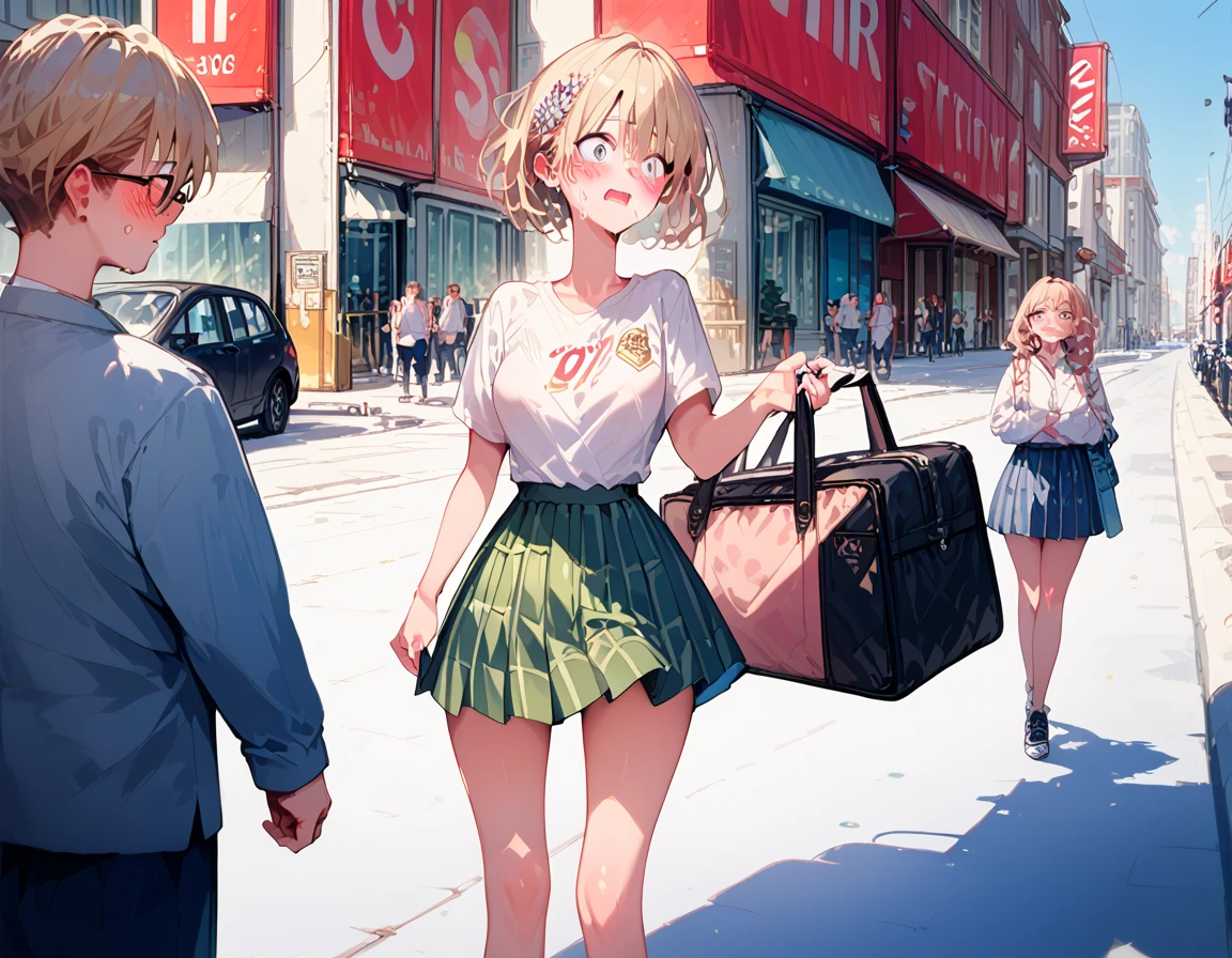 Main Street,Completely naked, blush, embarrassing expression, exhibitionist schoolgirl in the middle of a big city,In the middle of a big city,A large number of people々It has been sighted by,Completely naked,shame