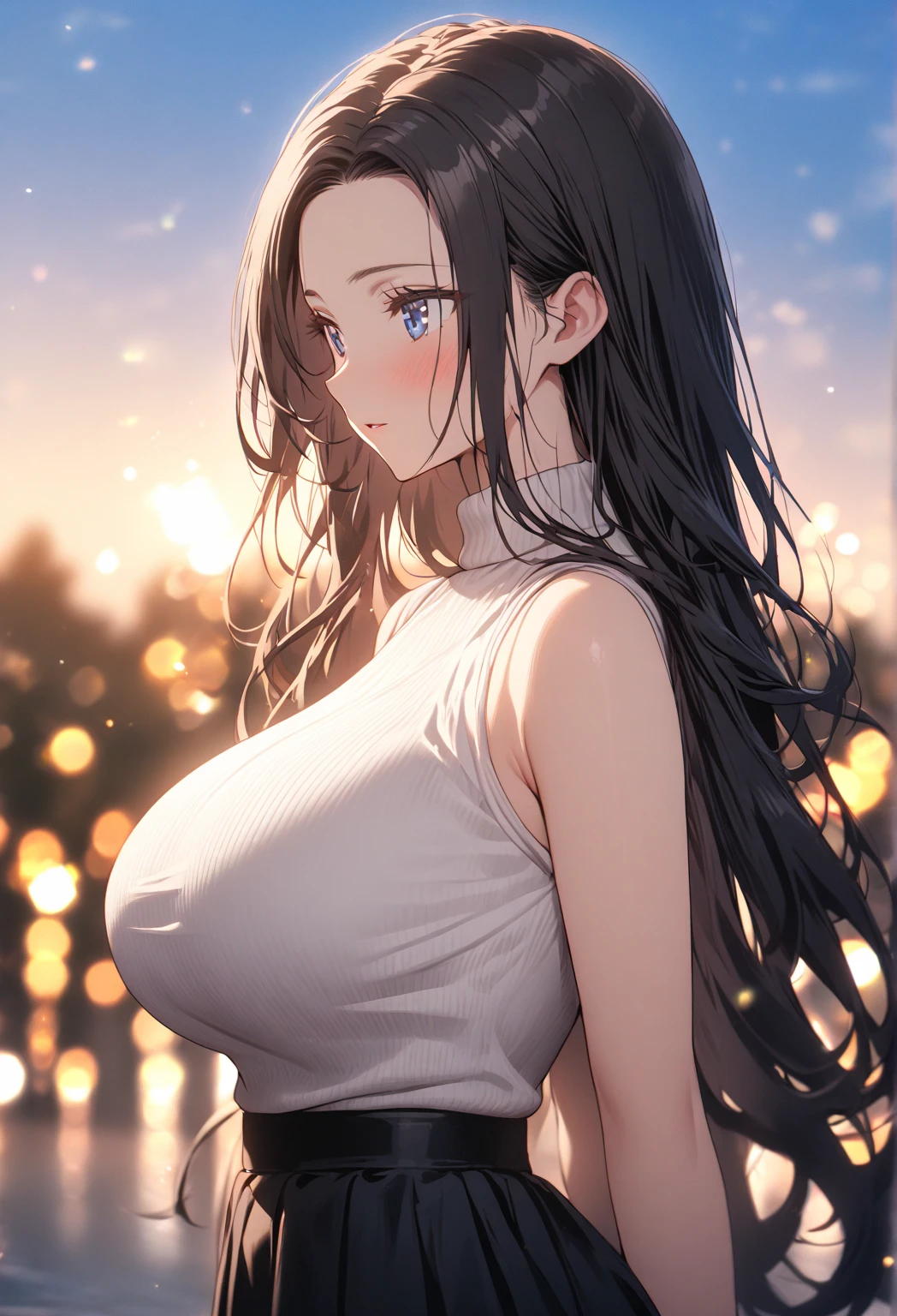 one girl, motherly expression, blue eyes, elegant, black hair, (long hair) big breast, tight body, sky, blue sky, sleeveless white sweater, black Maxi Skirt:1.3, standing alone, warm natural lighting, cinematic depth of field, vibrant bokeh effect,