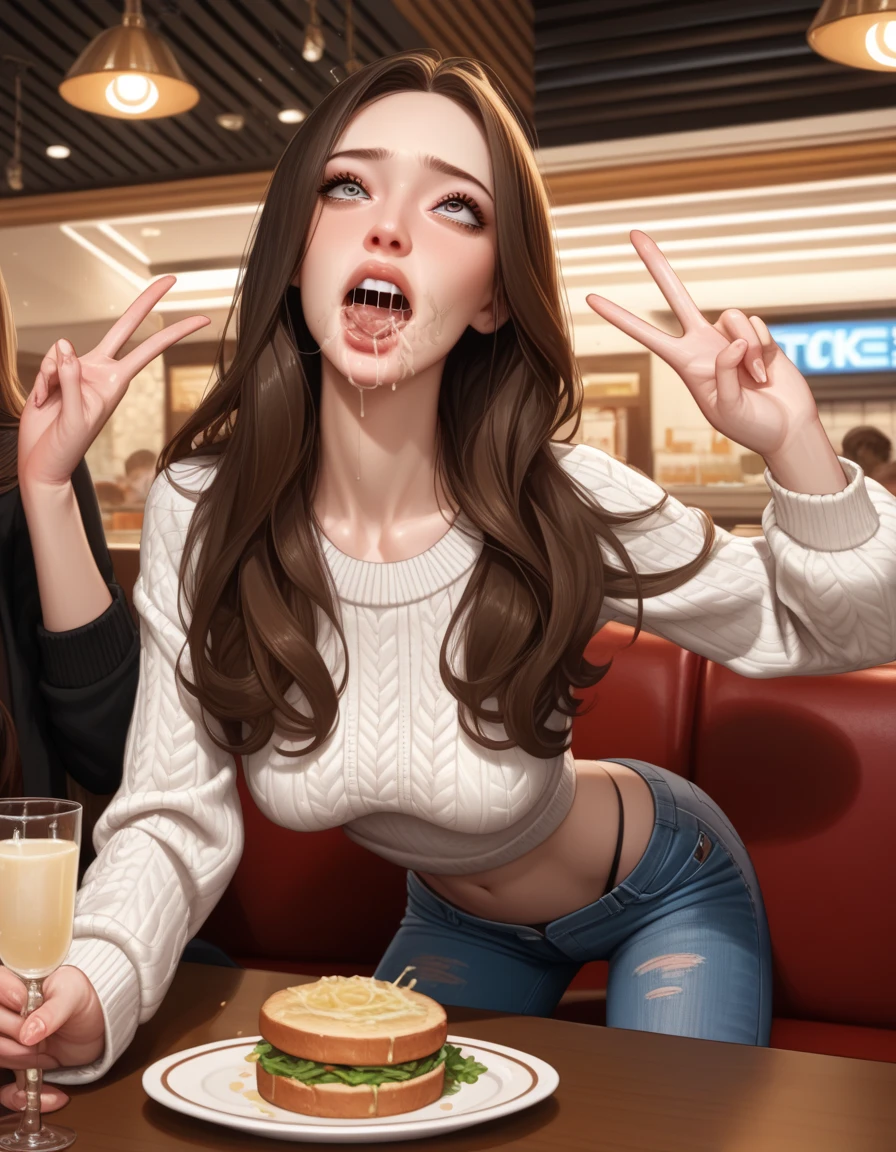 nsfw,beautiful woman, 45years old ,brown hair, long hair,v-neck sweater,skinny jeans,seethru,watery eyes,(painful expression),fear,Medium breasts,in restaurant,on the dining table,food, dish, vomiting,vomit,puke,(throw up),Dildo in Thong