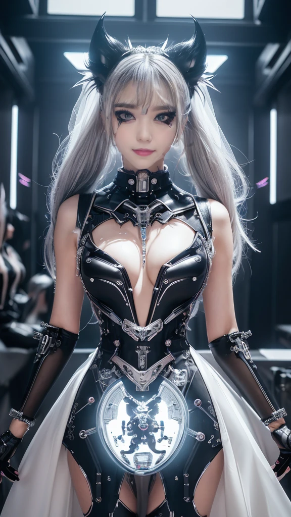 Beautiful Face,face is Japan, 1 Woman, Big, Curvaceous,(8k, RAW photo, top quality, masterpiece: 1.2)(Realistic, Photorealistic: 1.37) (Blood vessel attached to tube)((((Bikini Cyborg robot parts)))), (Light gray hair), Long hair, Wavy hair, Twin tails, Medium shot, ((Seductive smile) ), (Black Eyes), Hime Cut,From Below,(whole body),posing,,Inside the lab,( Blood vessel connected to a tube),((Mechanical vertebrae attached to the back)),((Mechanical neck attached to the neck)),(Wire and cable attached to the head and body),(Character Focus),Science Fiction,