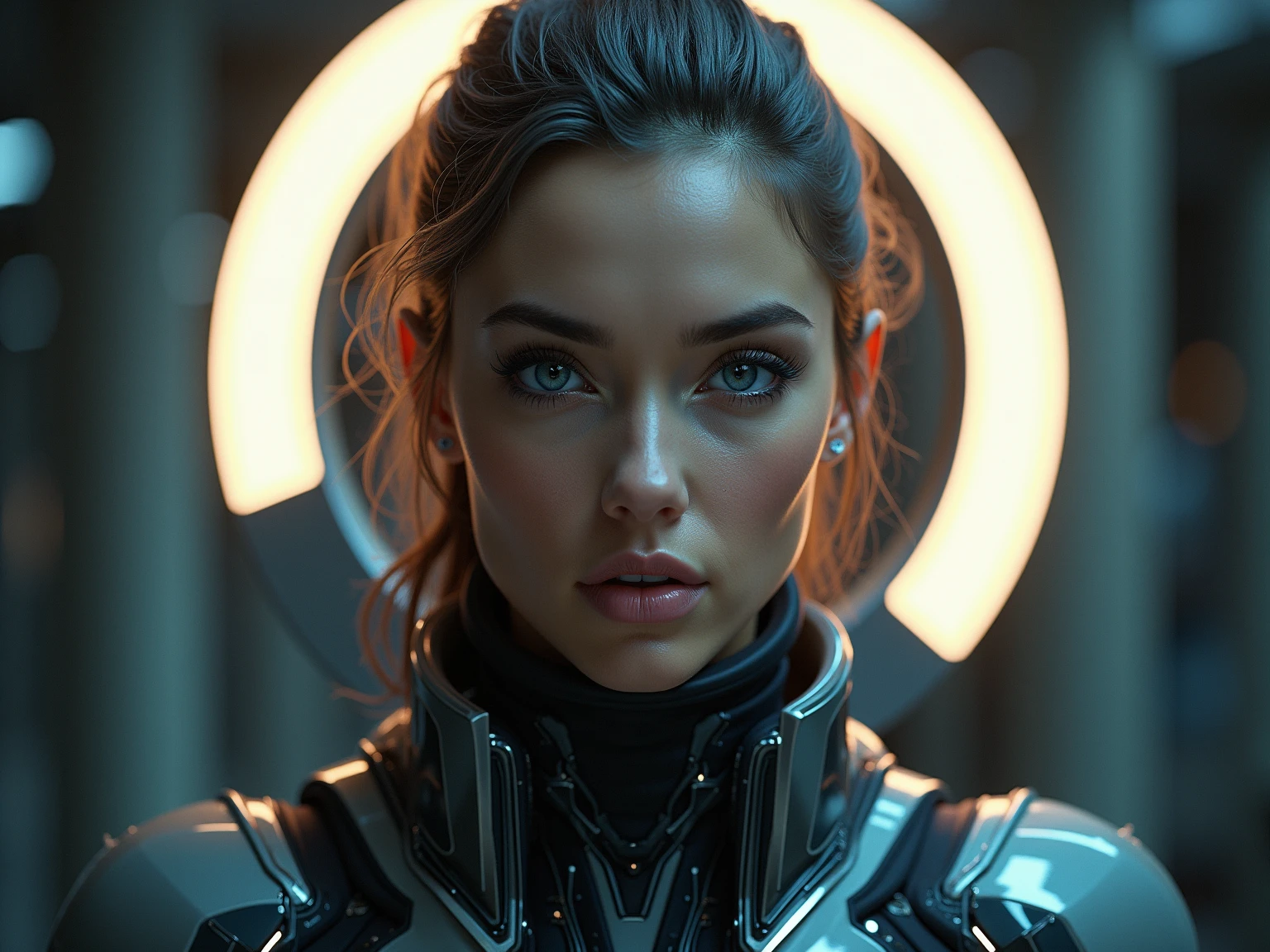 cyberpunk cyborg woman, highly detailed face, beautiful detailed eyes, beautiful detailed lips, extremely detailed face and skin, long eyelashes, mechanical body parts, intricate machinery, neon lights, glowing energy effects, futuristic cityscape background, dramatic lighting, photorealistic, 8k, high resolution, cinematic, masterpiece