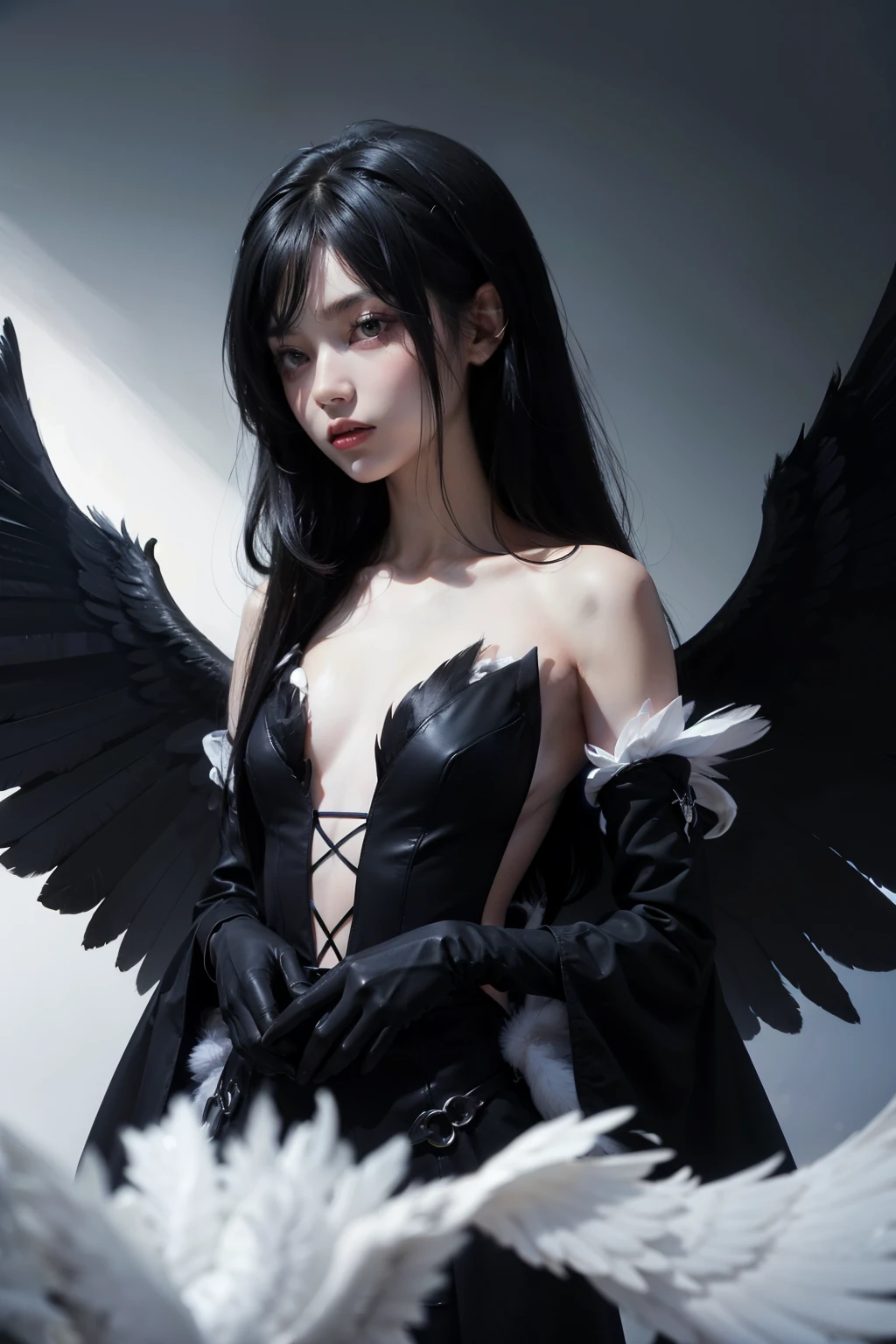 One women, Black Dress、Black gloves、fallen angel, black feathers, black feathered wings, angel wings, massive wings, Elbow Gloves,Small breasts, flat chest, long black hair,(Perfect hands),(Perfect Anatomy),(masterpiece),(highest quality), serious face, death stare.